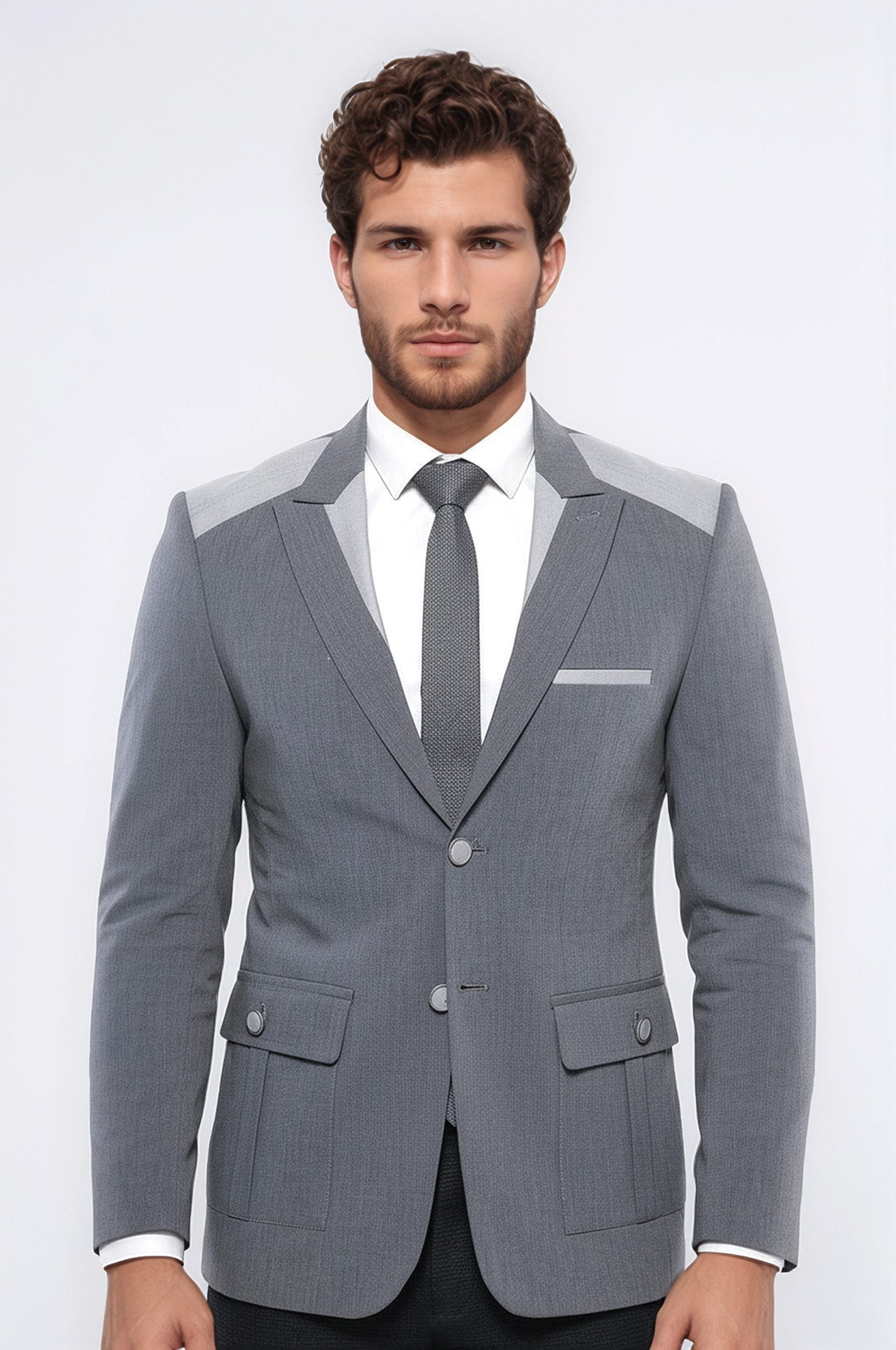 Double Button Bag Pocket Pointed Collar Grey Jacket-Wessi