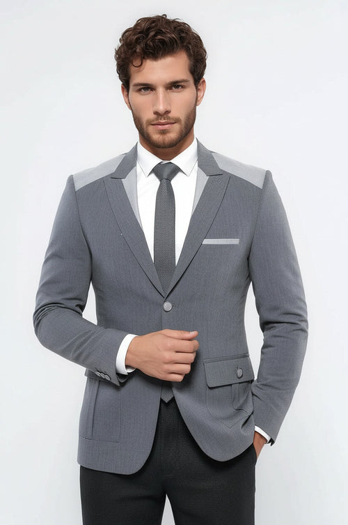 Double Button Bag Pocket Pointed Collar Grey Jacket-Wessi