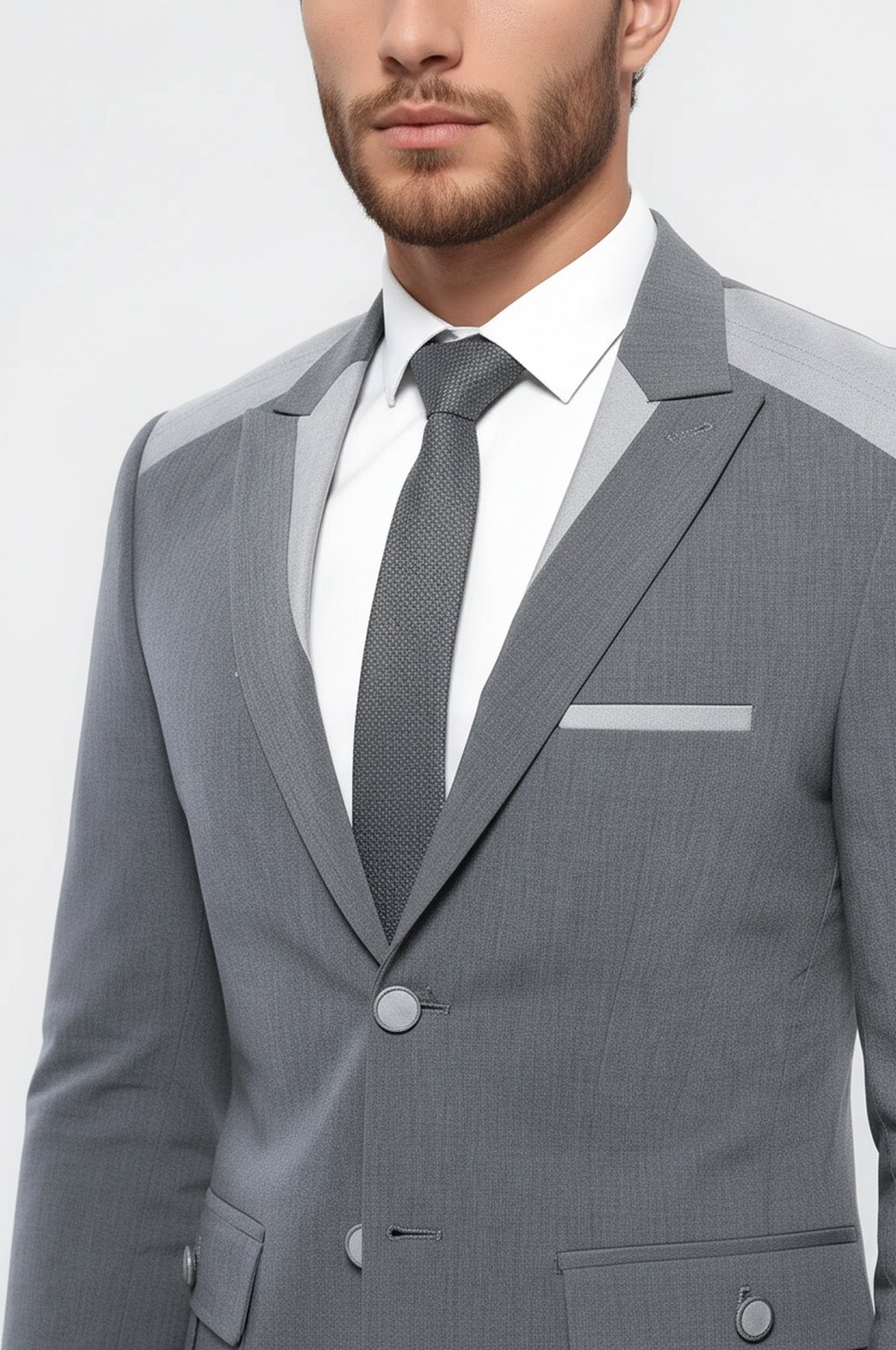 Double Button Bag Pocket Pointed Collar Grey Jacket-Wessi