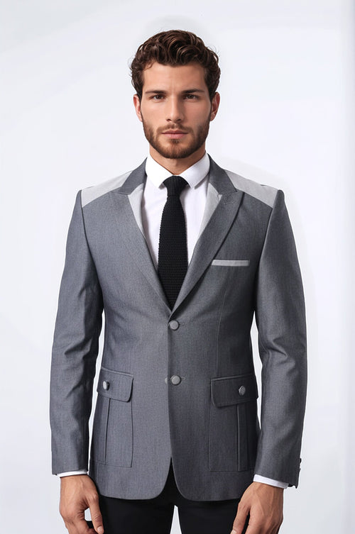 Double Button Bag Pocket Pointed Collar Grey Jacket-Wessi