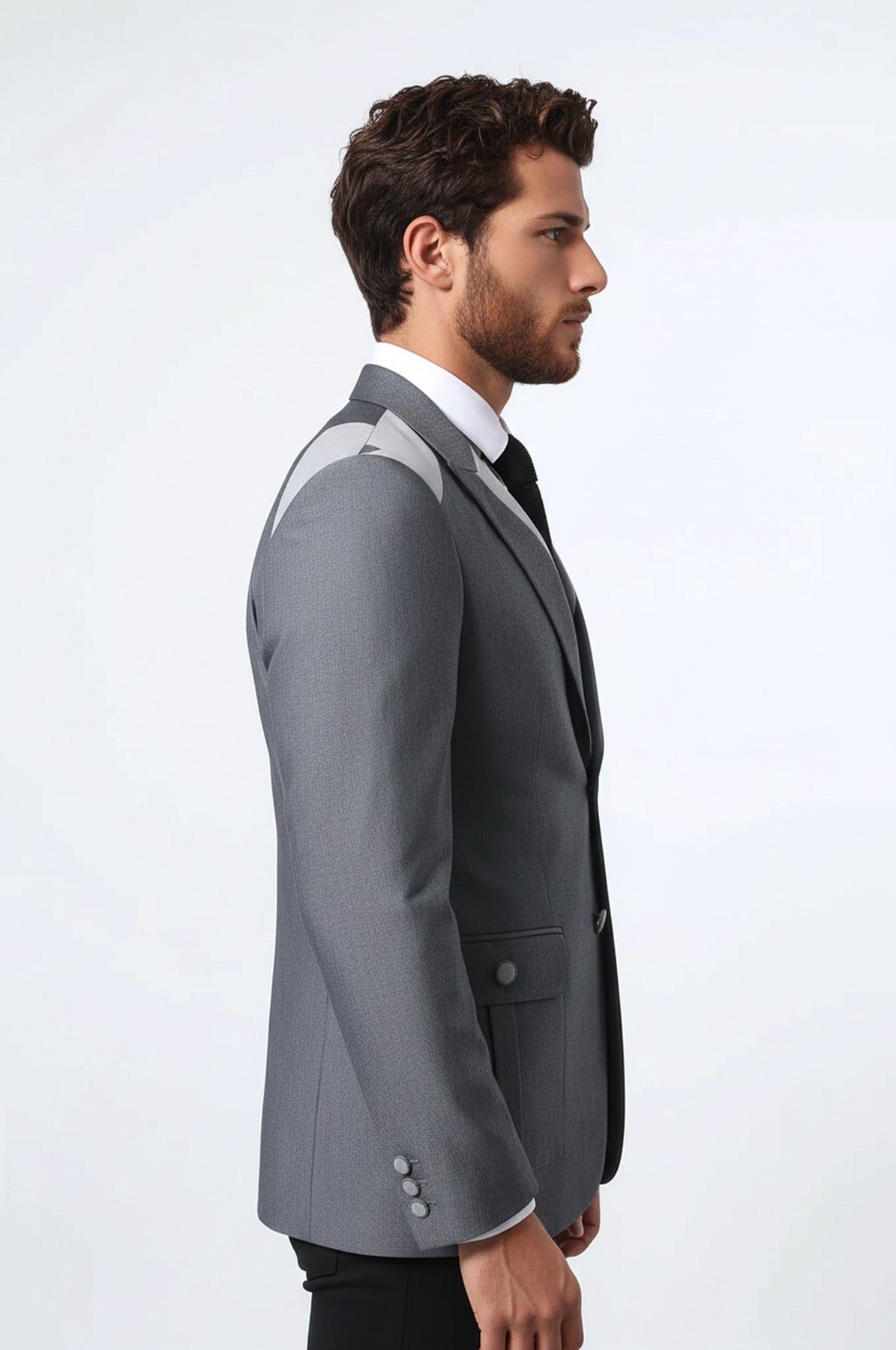 Double Button Bag Pocket Pointed Collar Grey Jacket-Wessi