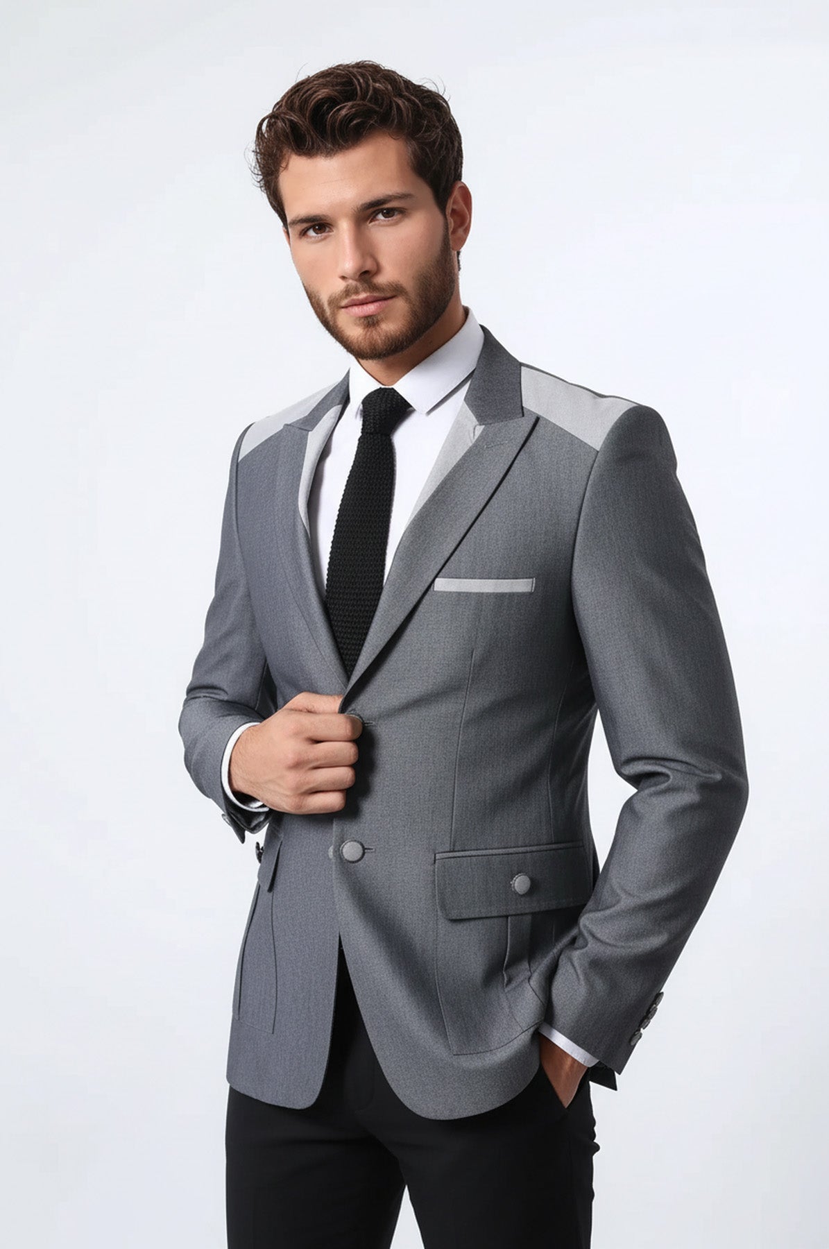 Double Button Bag Pocket Pointed Collar Grey Jacket-Wessi
