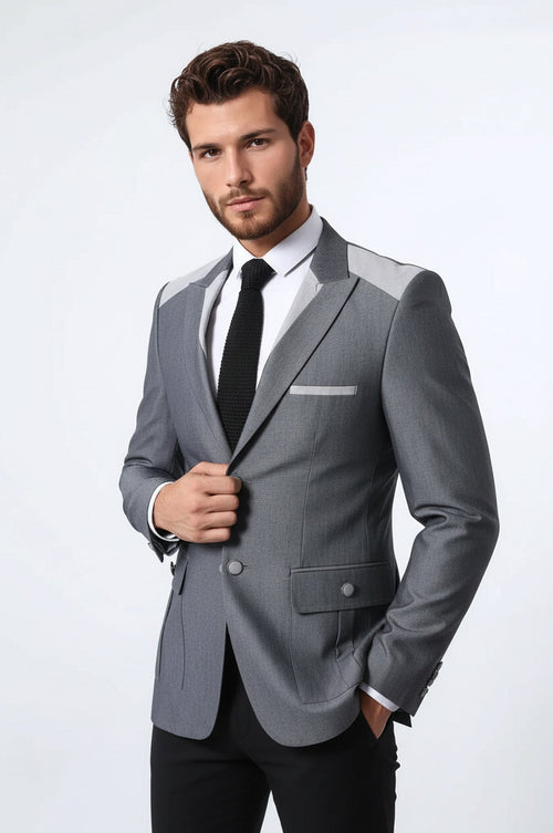 Double Button Bag Pocket Pointed Collar Grey Jacket-Wessi
