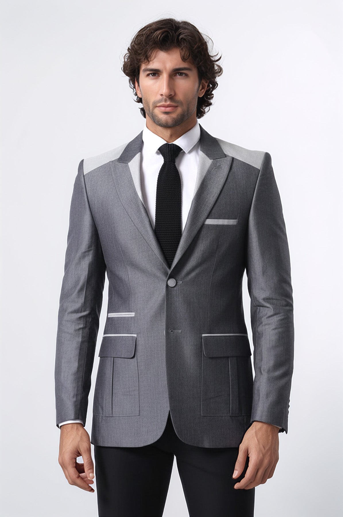 Double Button Bag Pocket Pointed Collar Grey Jacket-Wessi