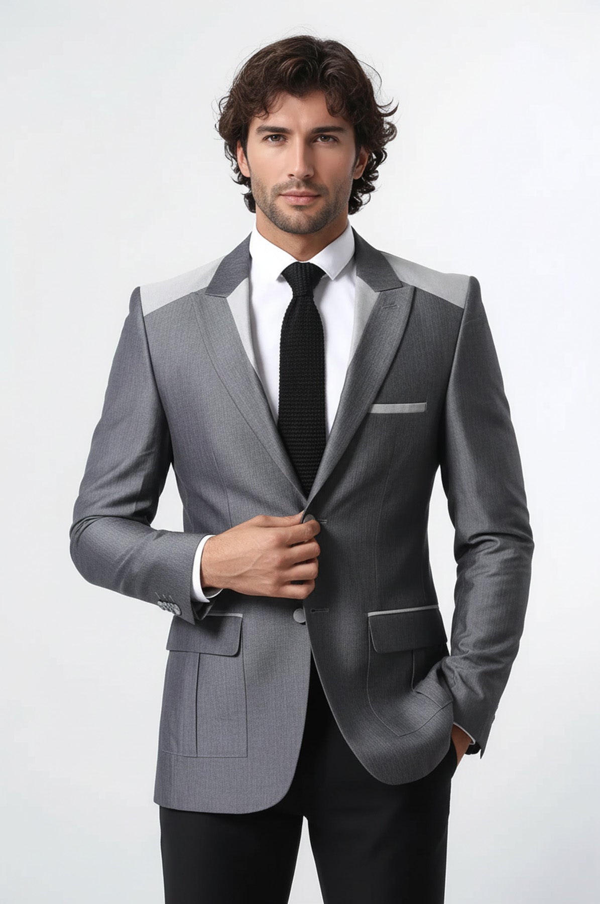 Double Button Bag Pocket Pointed Collar Grey Jacket-Wessi