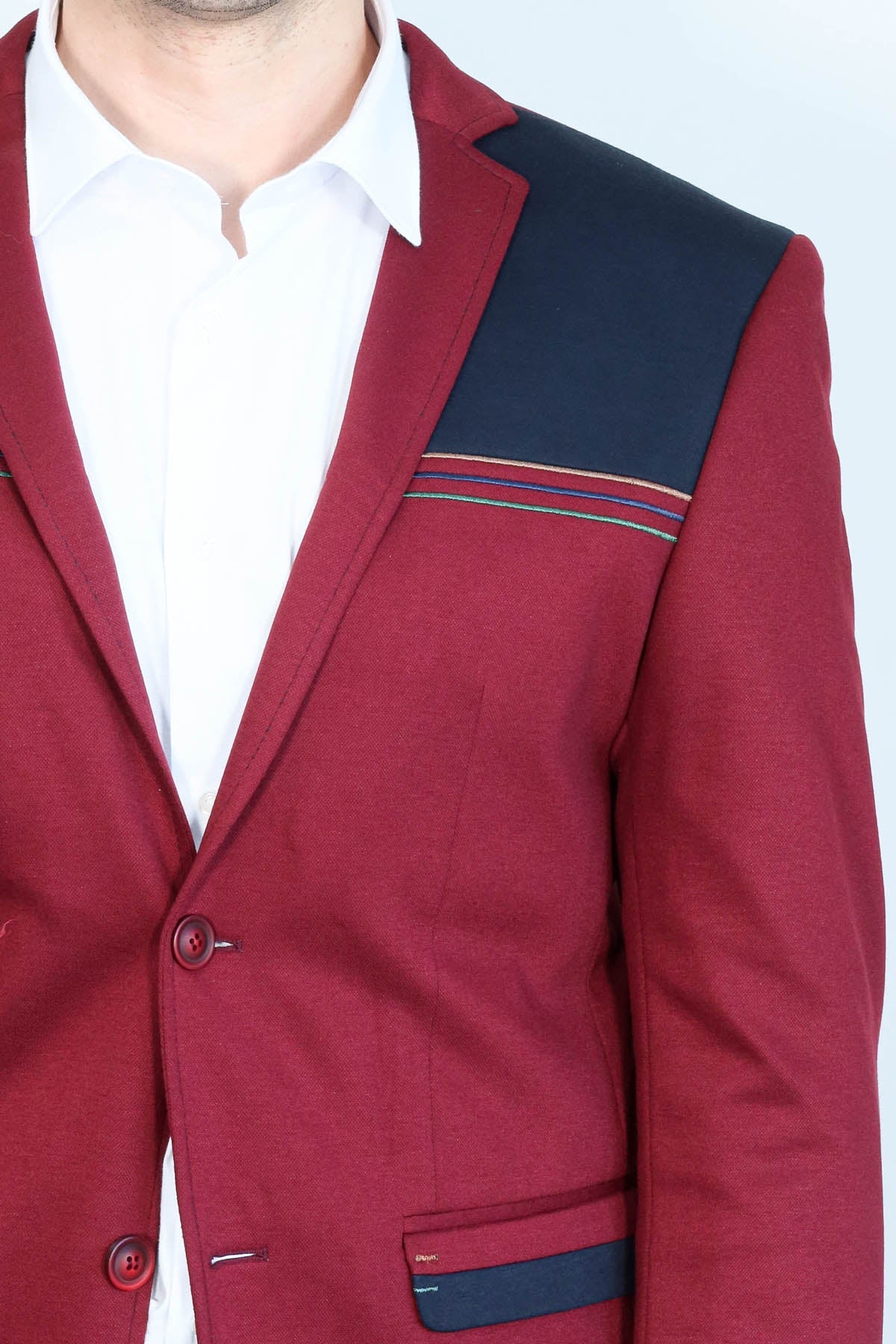Collar Embroidery Combed Burgundy Men Jacket - Wessi