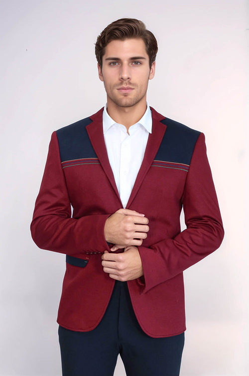 Collar Embroidery Combed Burgundy Men Jacket - Wessi