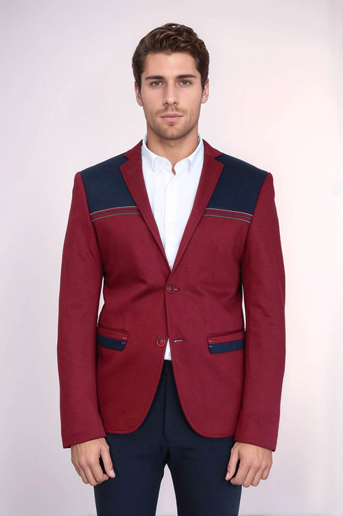 Collar Embroidery Combed Burgundy Men Jacket - Wessi