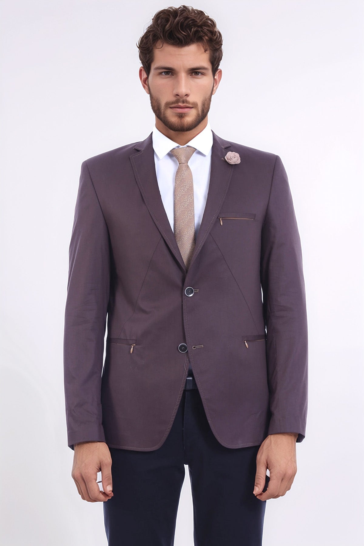 2 Button Pocket Zipper Brown Jacket-Wessi