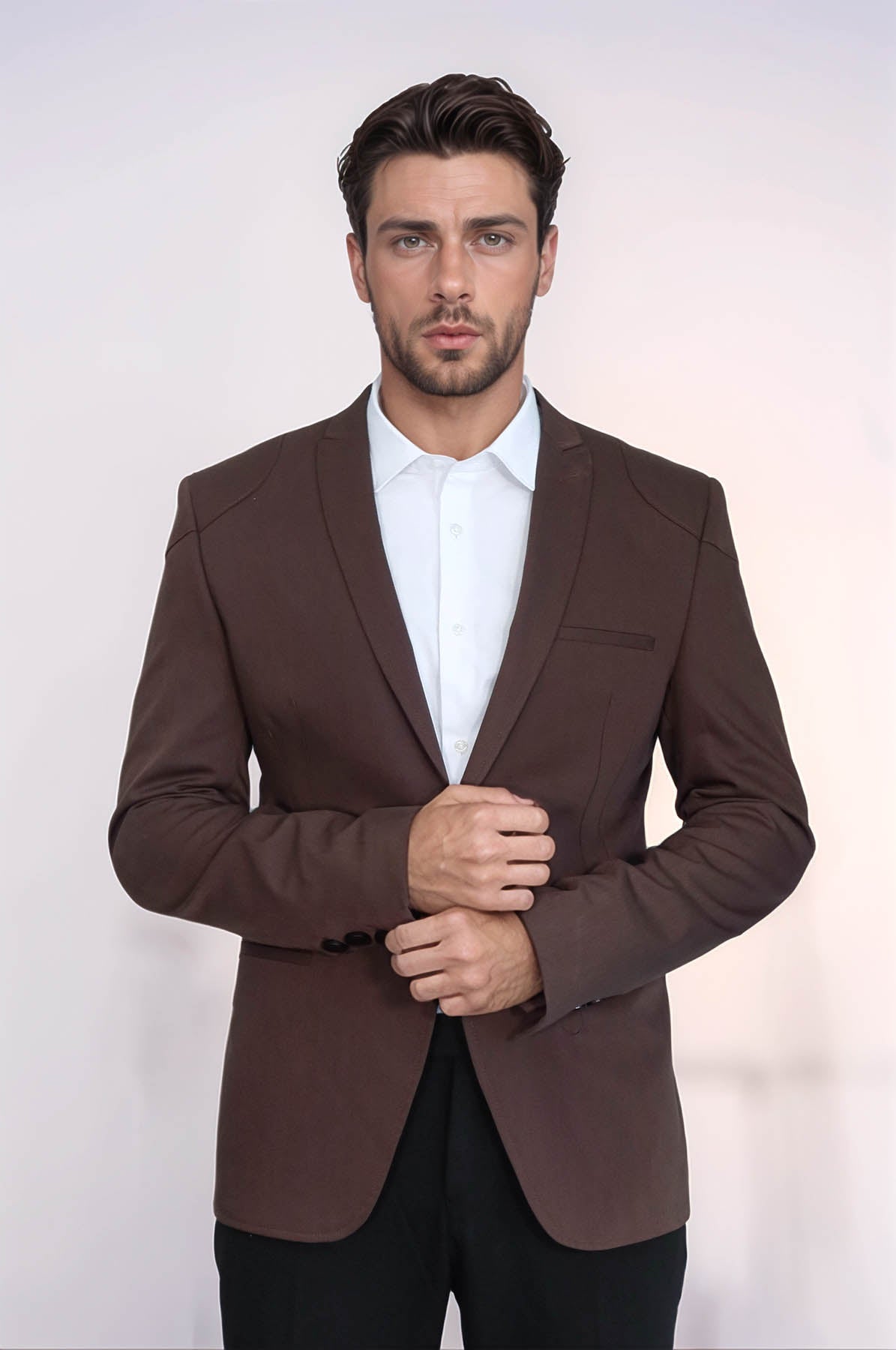 2 Button Shoulder Split Cotton Brown Jacket-Wessi