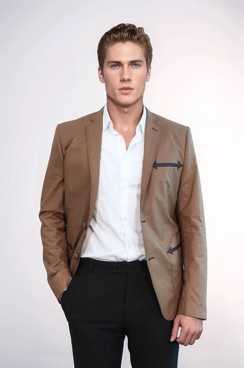 Double Button Mono Lapel Bag Pocket Cotton Tan Jacket-Wessi