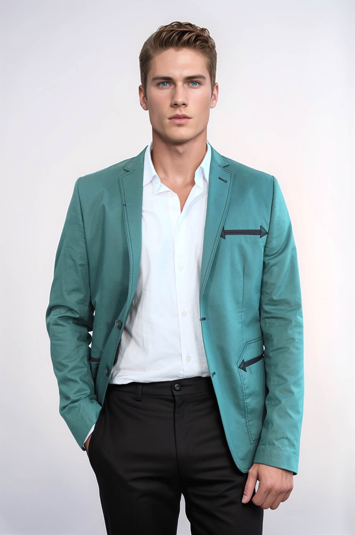 Double Button Mono Lapel Bag Pocket Cotton Green Jacket-Wessi