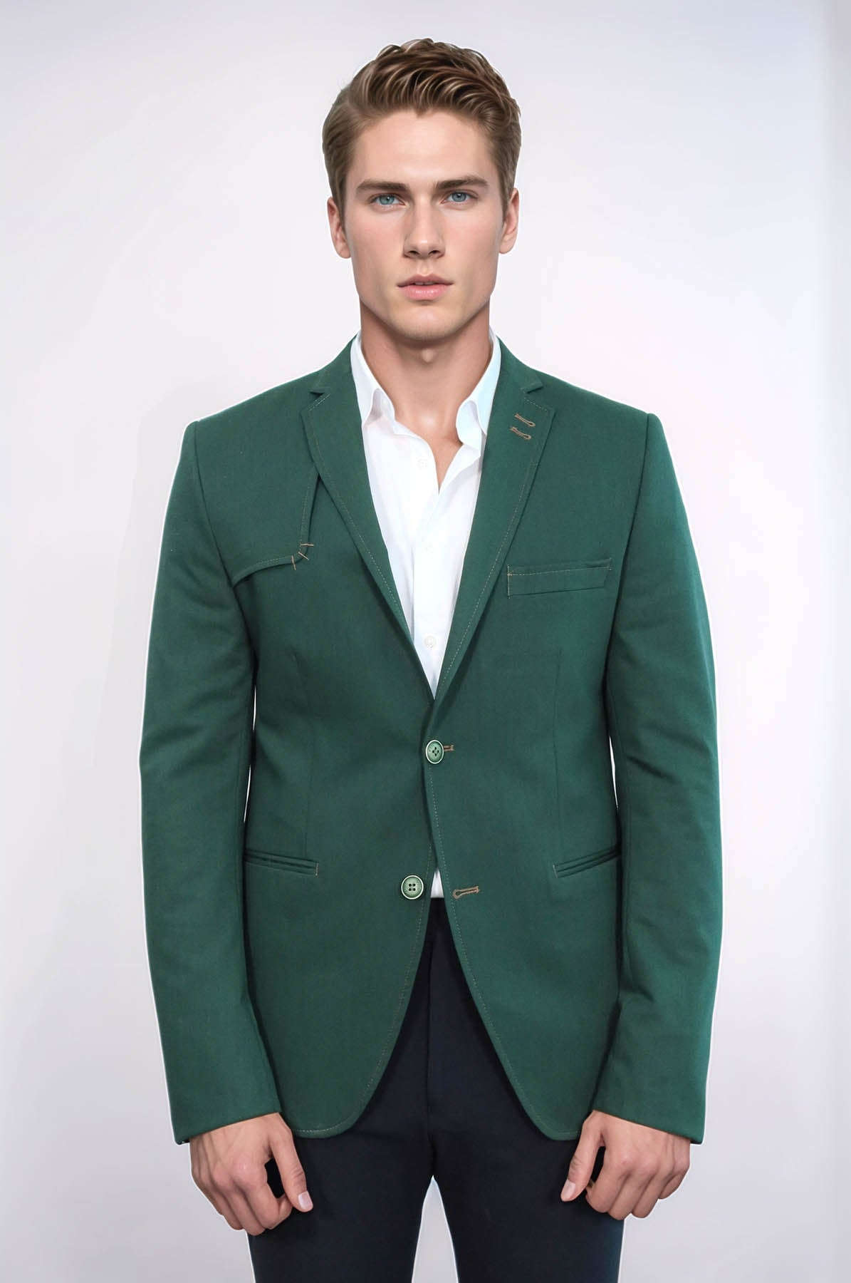 Double Buttons Shoulder Piece Mono Lapel Green Jacket-Wessi