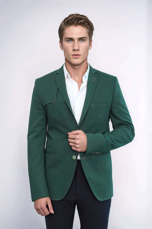 Double Buttons Shoulder Piece Mono Lapel Green Jacket-Wessi