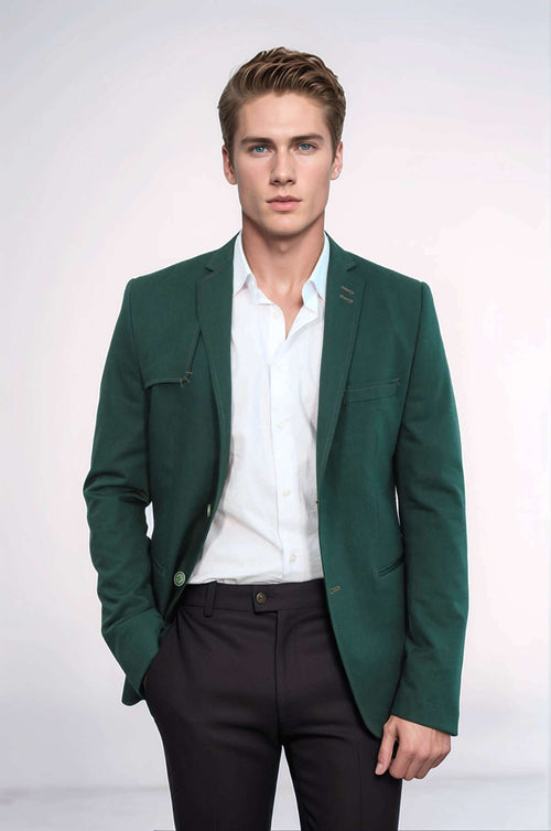 Double Buttons Shoulder Piece Mono Lapel Green Jacket-Wessi