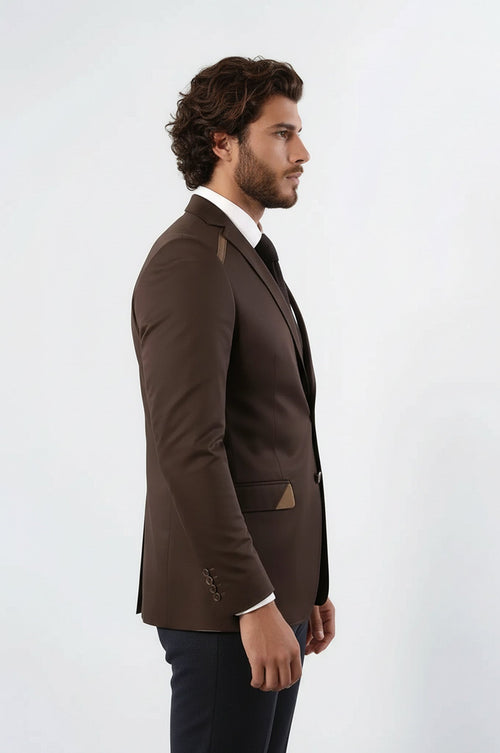 Double Buttons Mono Lapel Shoulder Piece Brown Jacket-Wessi