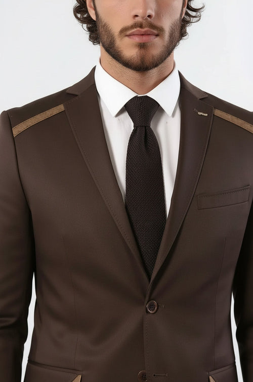 Double Buttons Mono Lapel Shoulder Piece Brown Jacket-Wessi