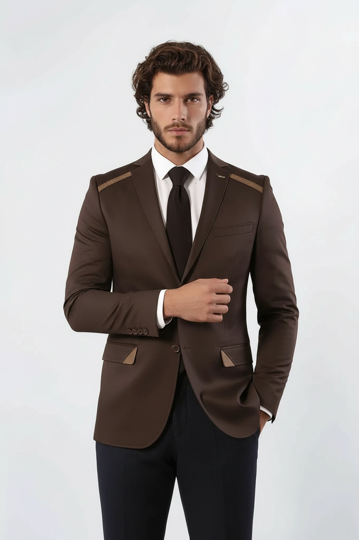 Double Buttons Mono Lapel Shoulder Piece Brown Jacket-Wessi