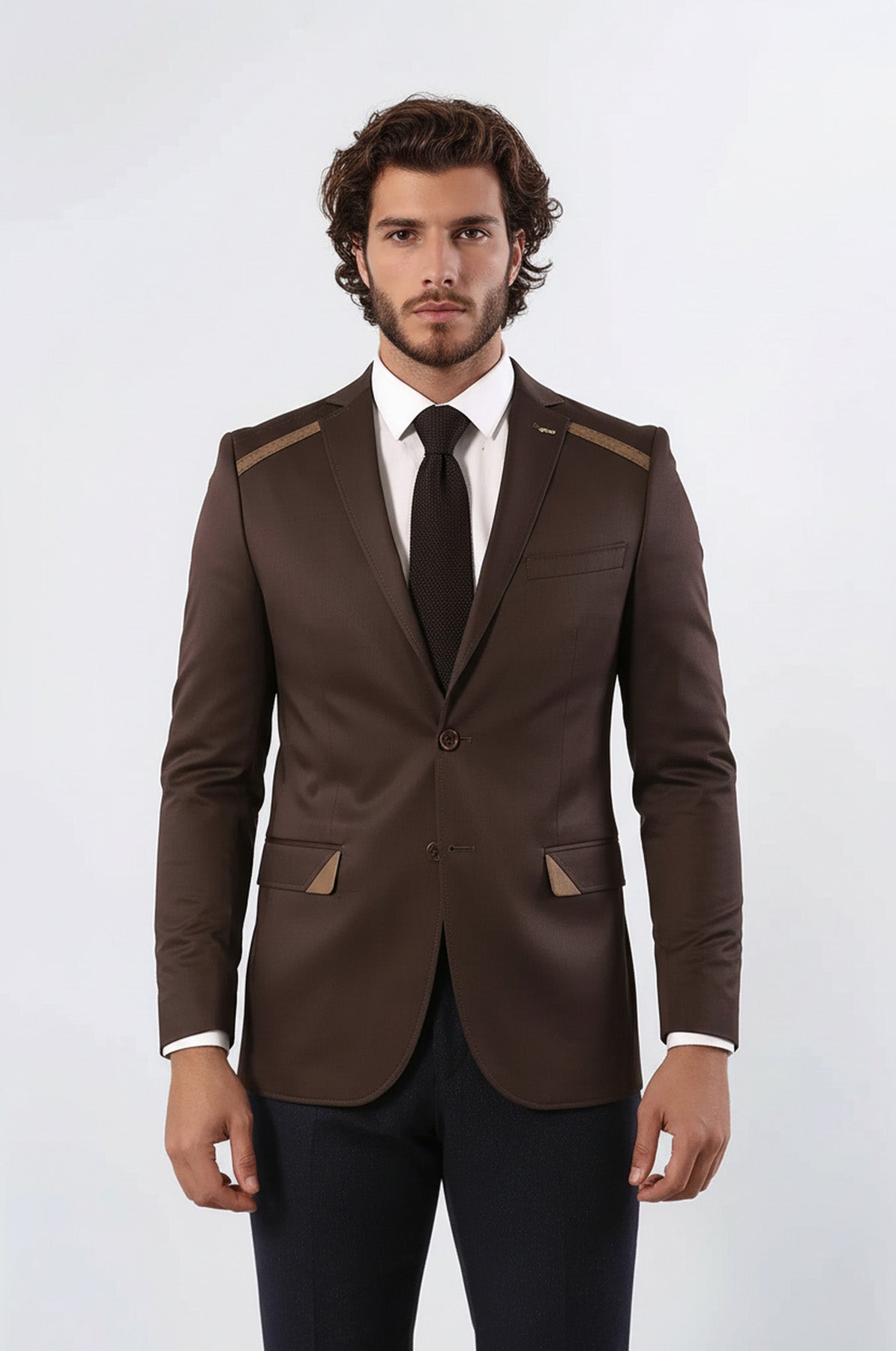 Double Buttons Mono Lapel Shoulder Piece Brown Jacket-Wessi
