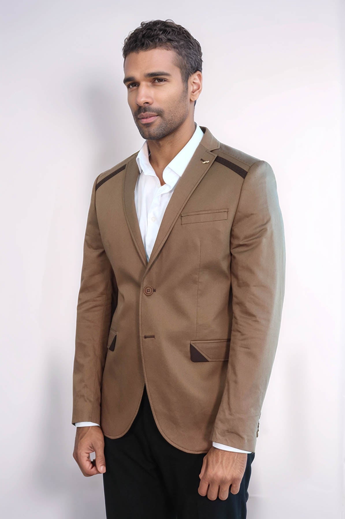 Double Buttons Mono Lapel Shoulder Piece Tan Jacket-Wessi
