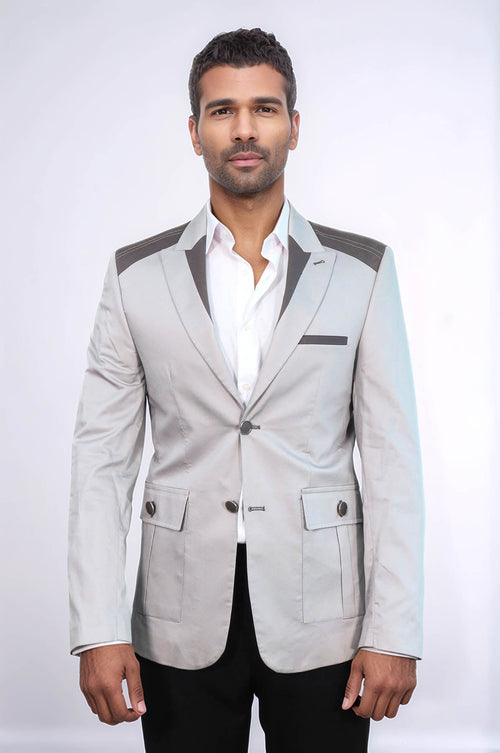 Double Buttons Bag Pocket Shoulder Piece Grey Jacket-Wessi