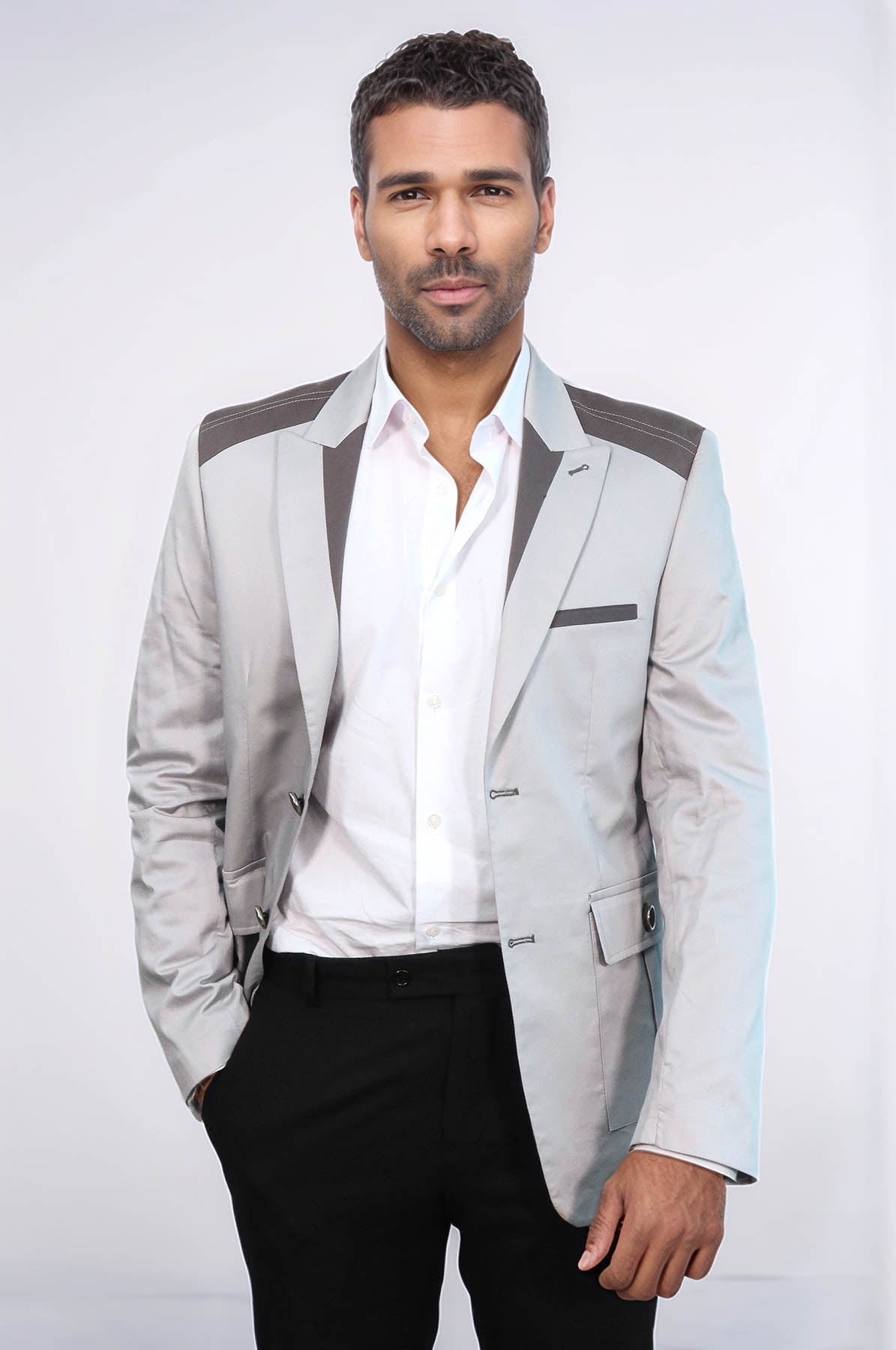 Double Buttons Bag Pocket Shoulder Piece Grey Jacket-Wessi