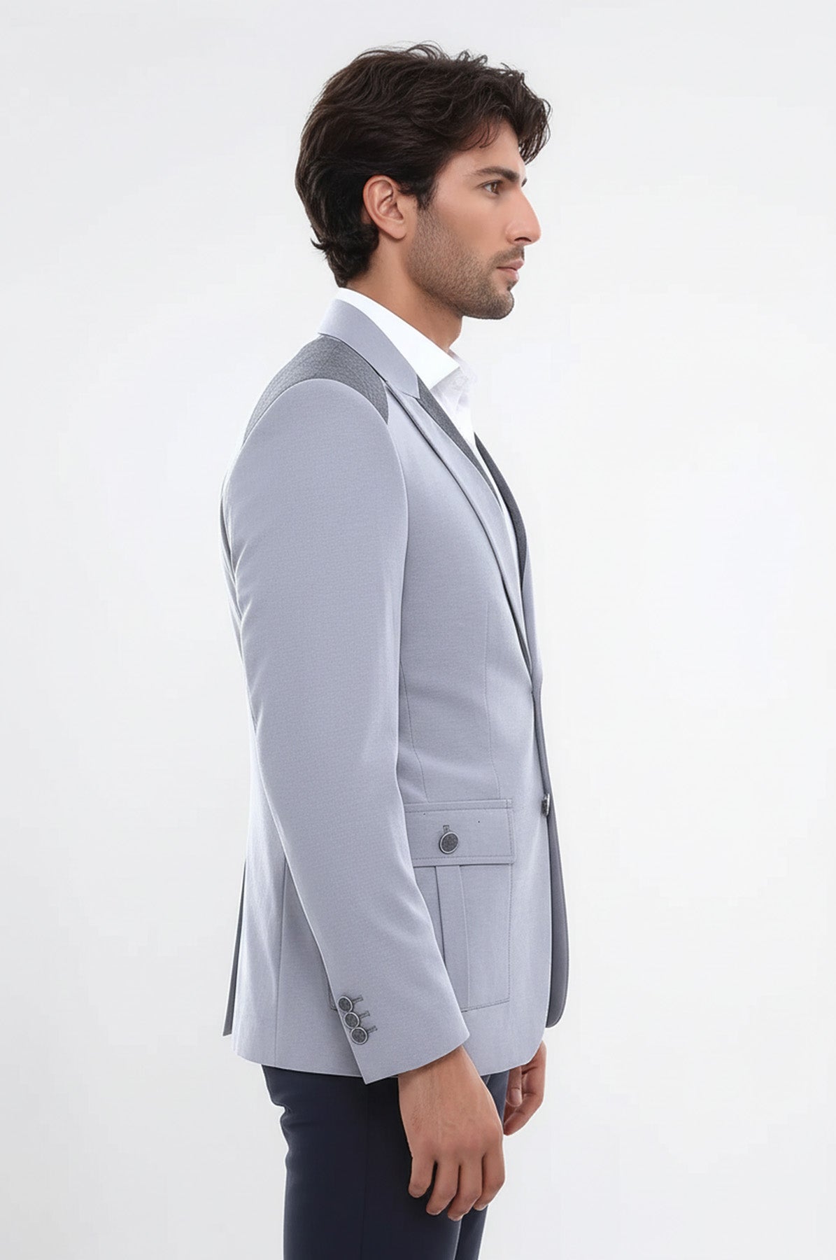 Double Buttons Bag Pocket Shoulder Piece Grey Jacket-Wessi
