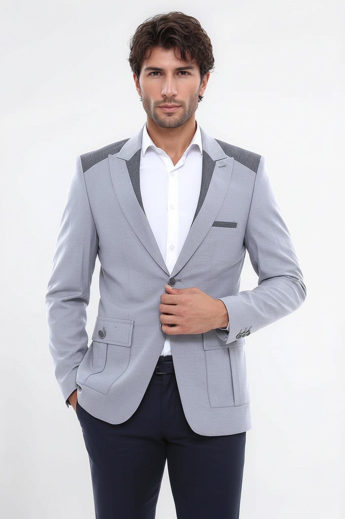 Double Buttons Bag Pocket Shoulder Piece Grey Jacket-Wessi