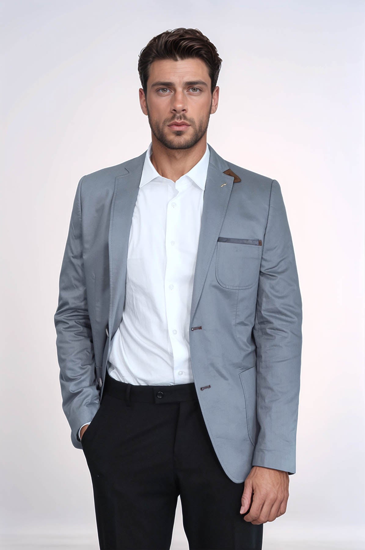 Double Buttons Mono Lapel Bag Pocket Grey Jacket-Wessi