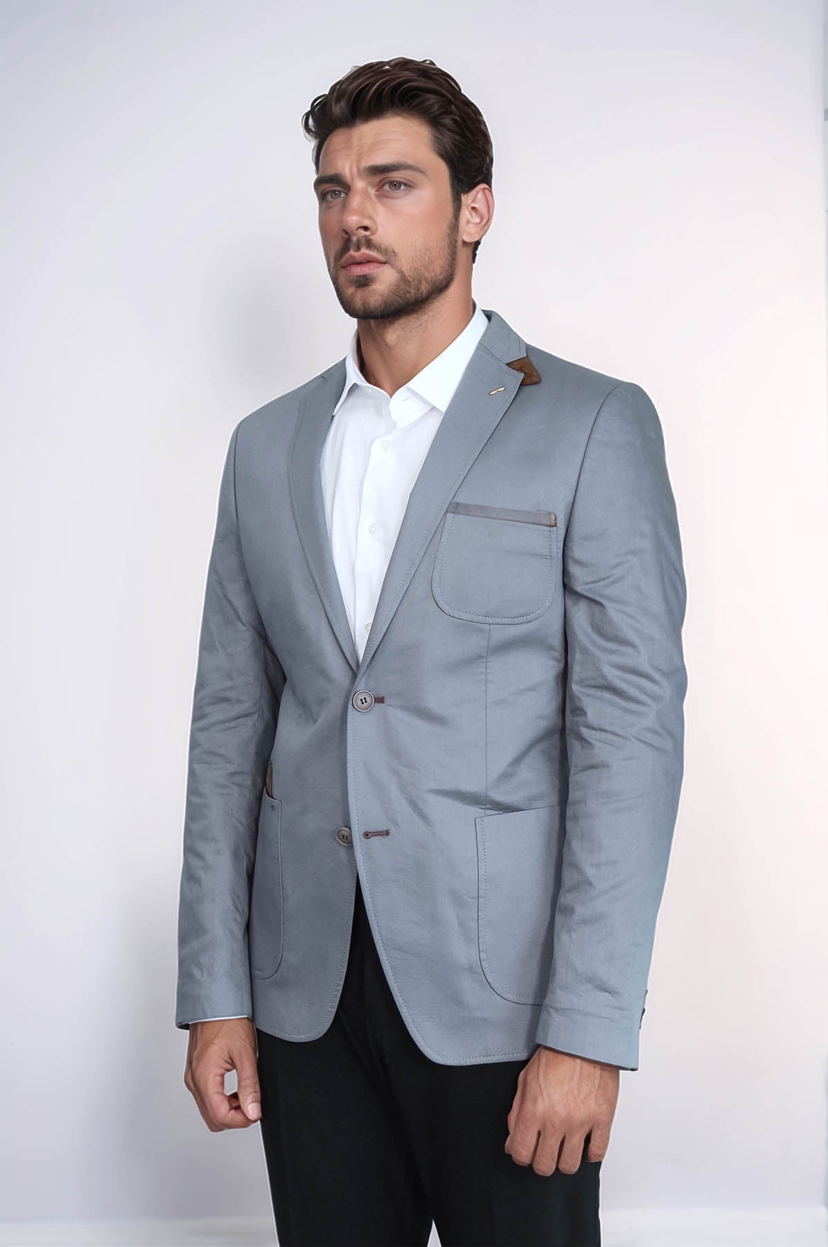 Double Buttons Mono Lapel Bag Pocket Grey Jacket-Wessi