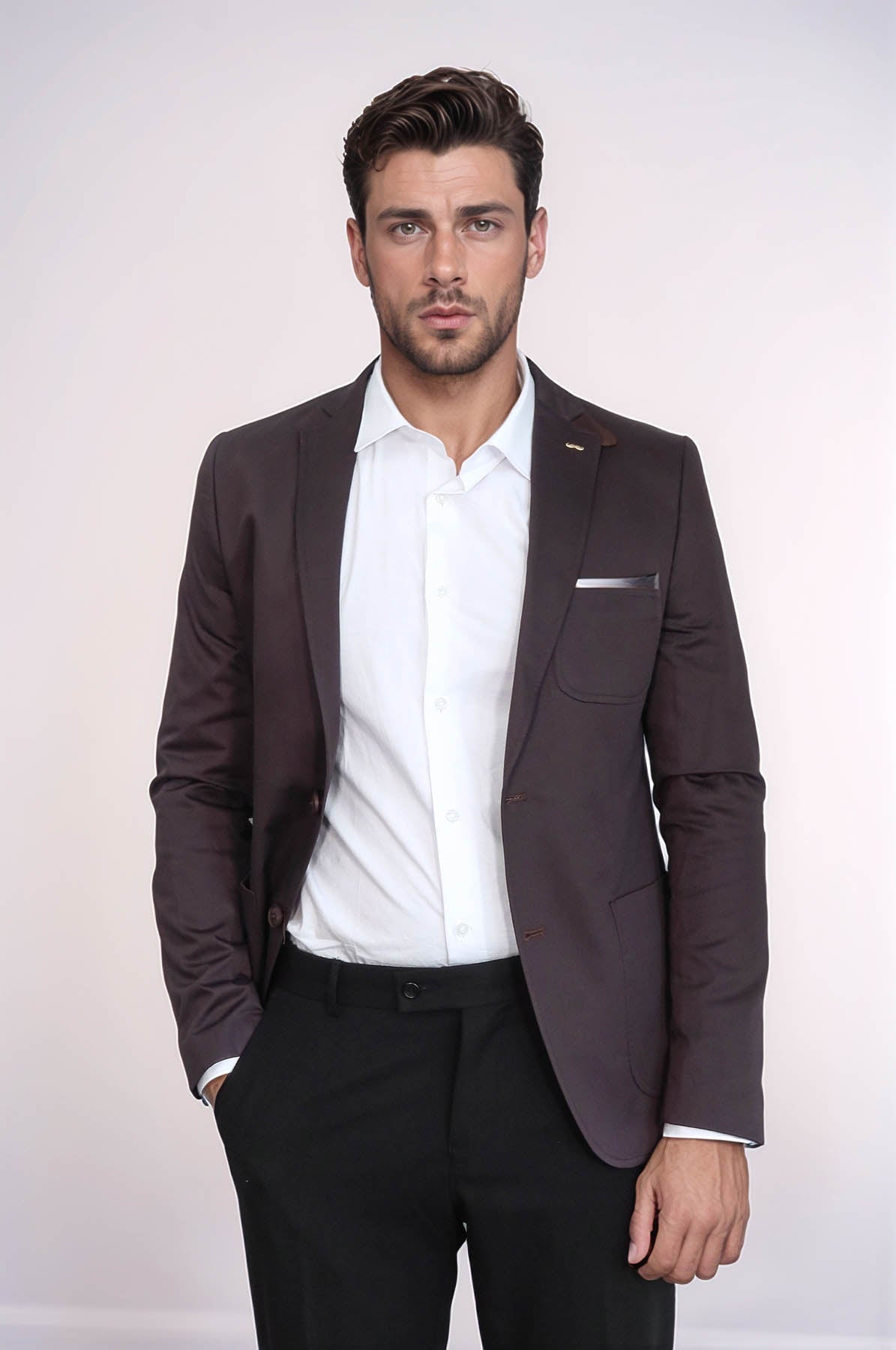 Double Buttons Mono Lapel Bag Pocket Brown Jacket-Wessi