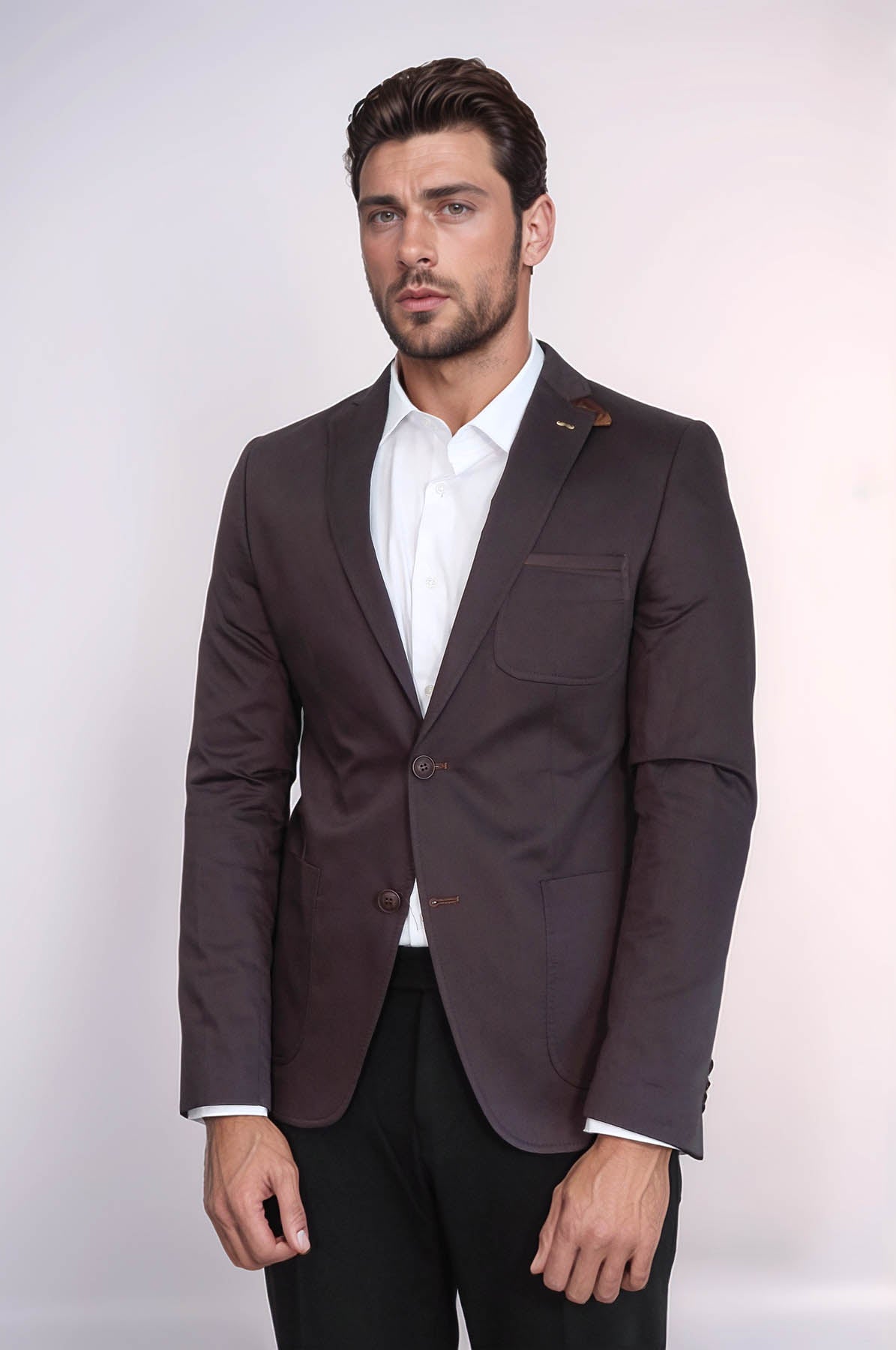 Double Buttons Mono Lapel Bag Pocket Brown Jacket-Wessi