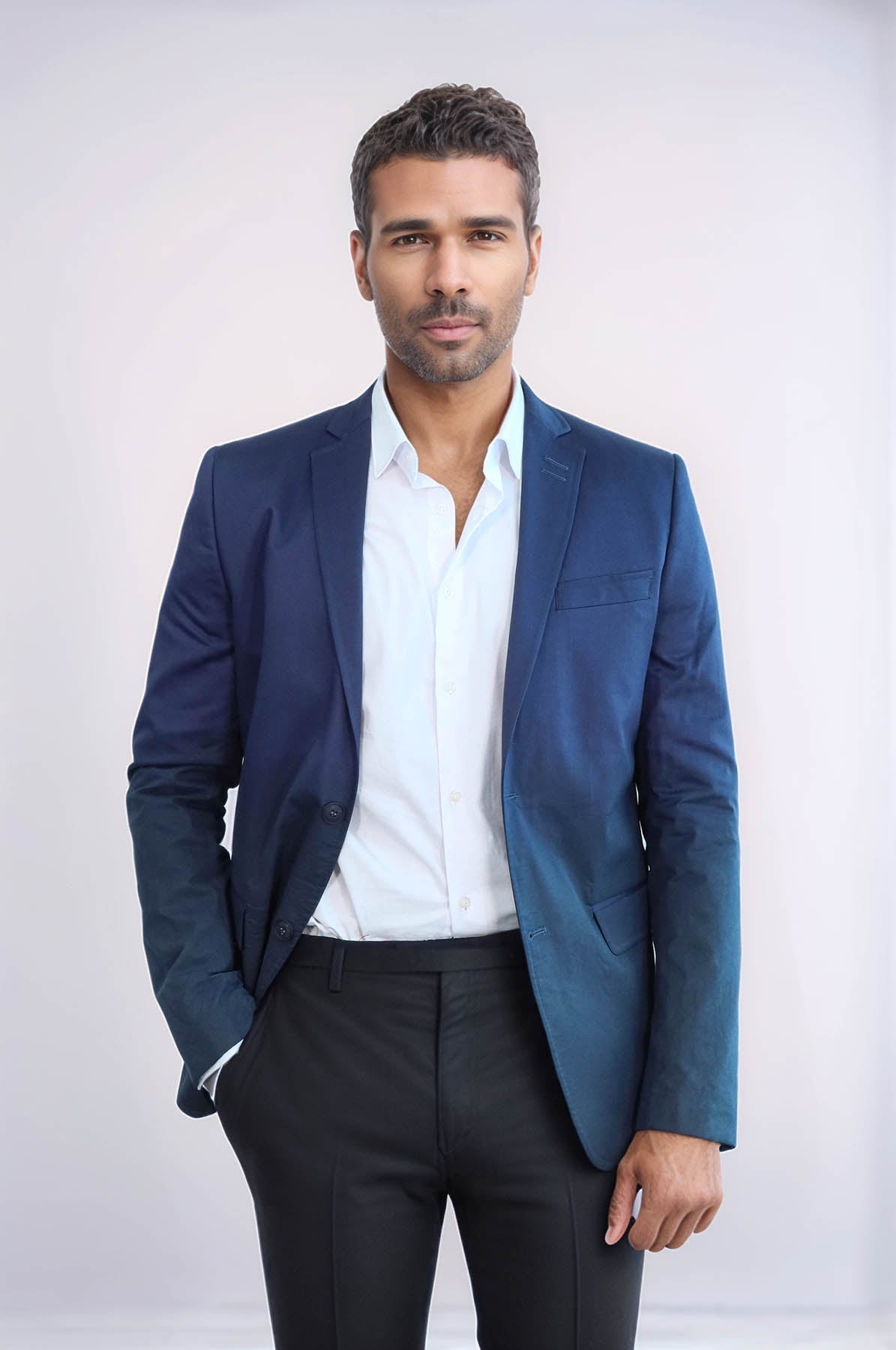 2 Button Mono Lapel Plain Cotton Navy Blue Jacket-Wessi