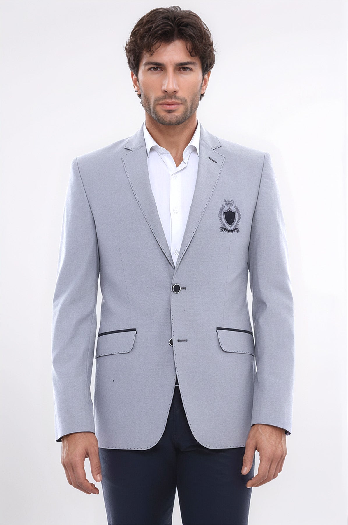 Double Button Mono Lapel Crested Grey Jacket-Wessi
