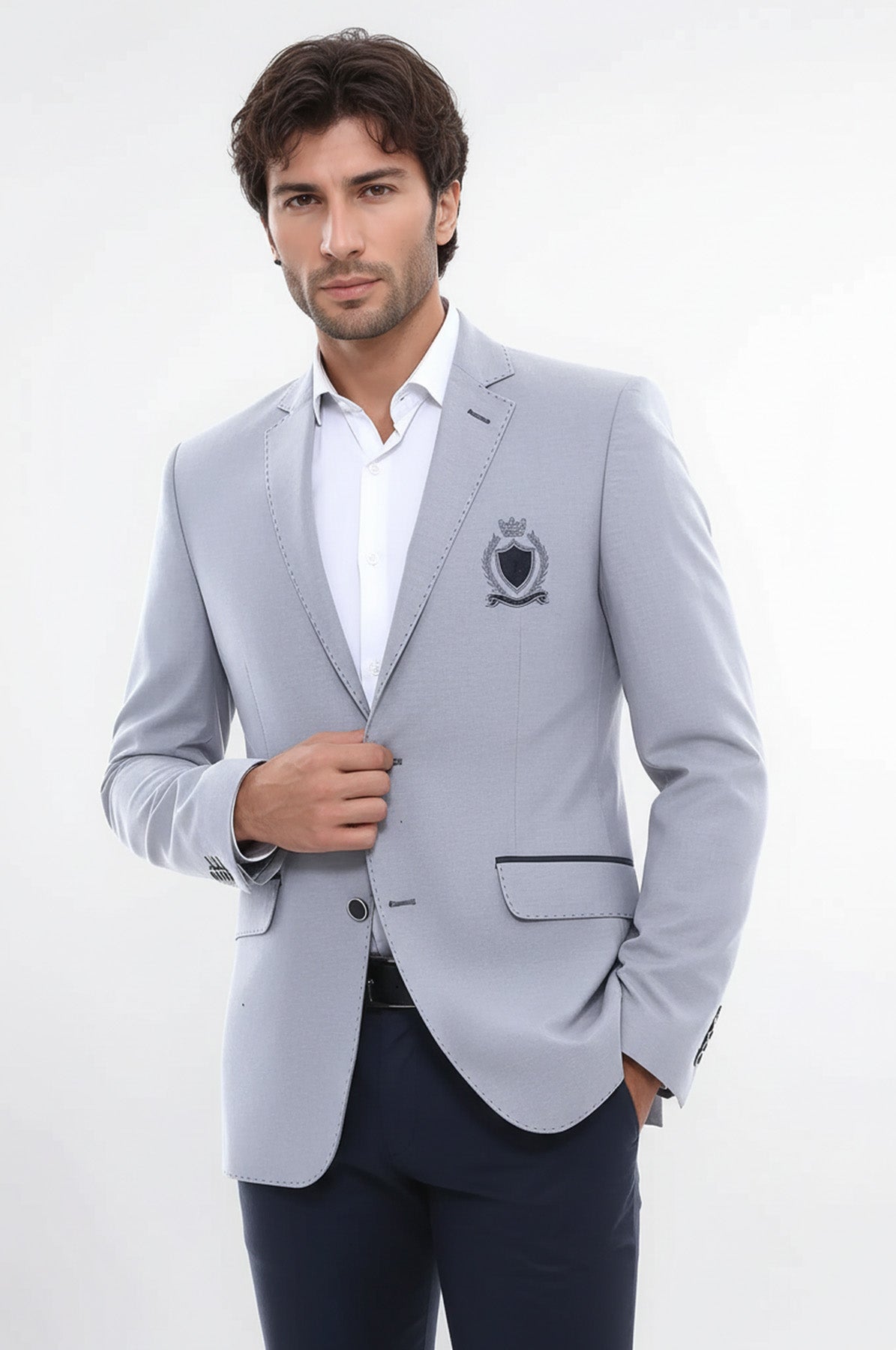 Double Button Mono Lapel Crested Grey Jacket-Wessi