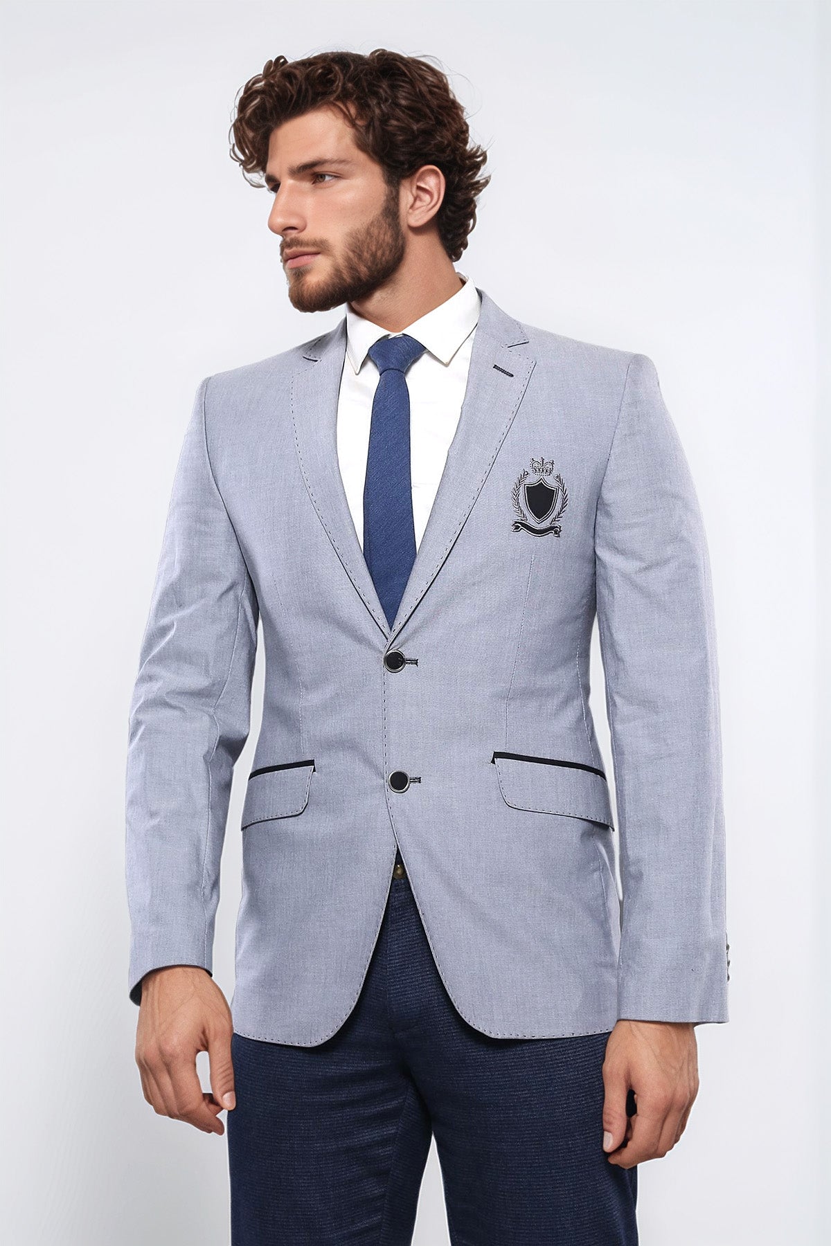Double Button Mono Lapel Crested Light Grey Jacket-Wessi