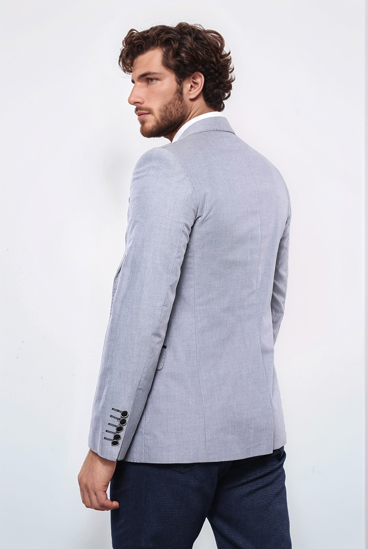 Double Button Mono Lapel Crested Light Grey Jacket-Wessi