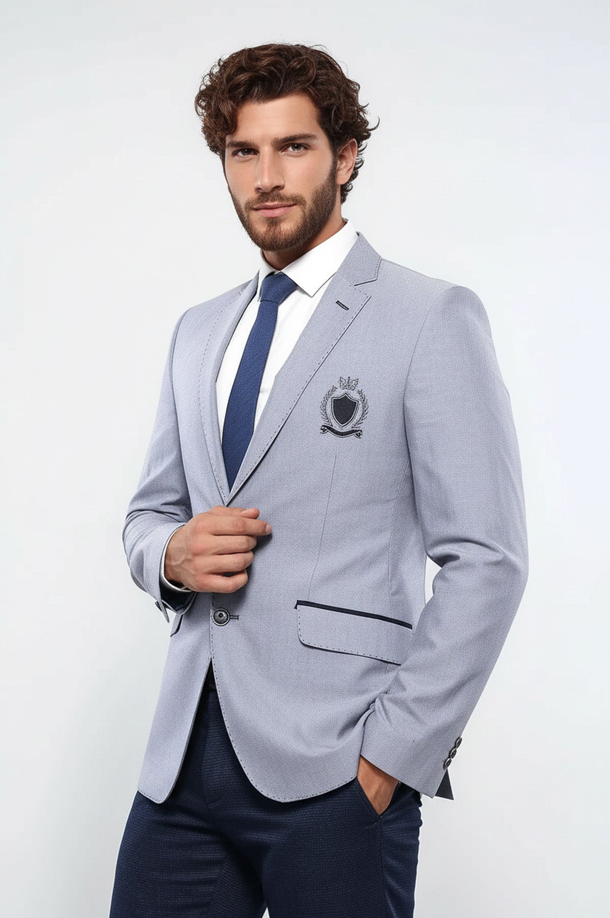 Double Button Mono Lapel Crested Light Grey Jacket-Wessi