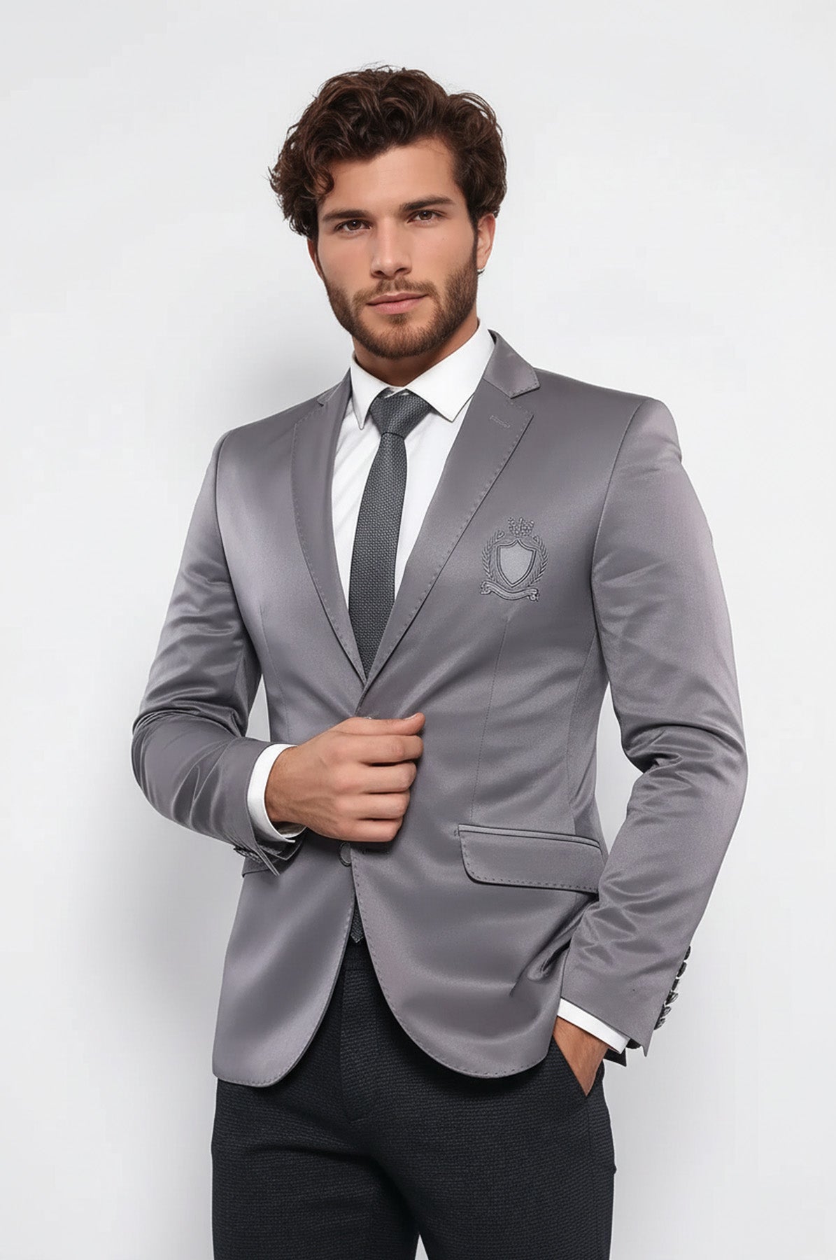 Double Button Mono Lapel Crested Light Smoked Jacket-Wessi