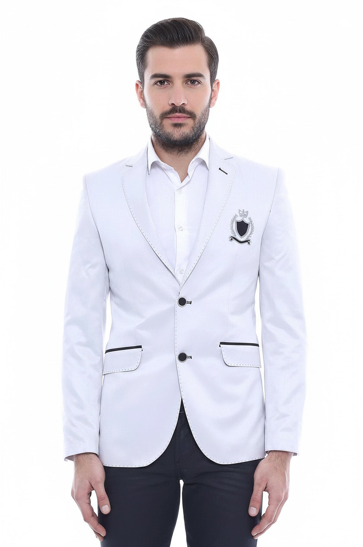 Double Button Mono Lapel Crested Cream Jacket-Wessi