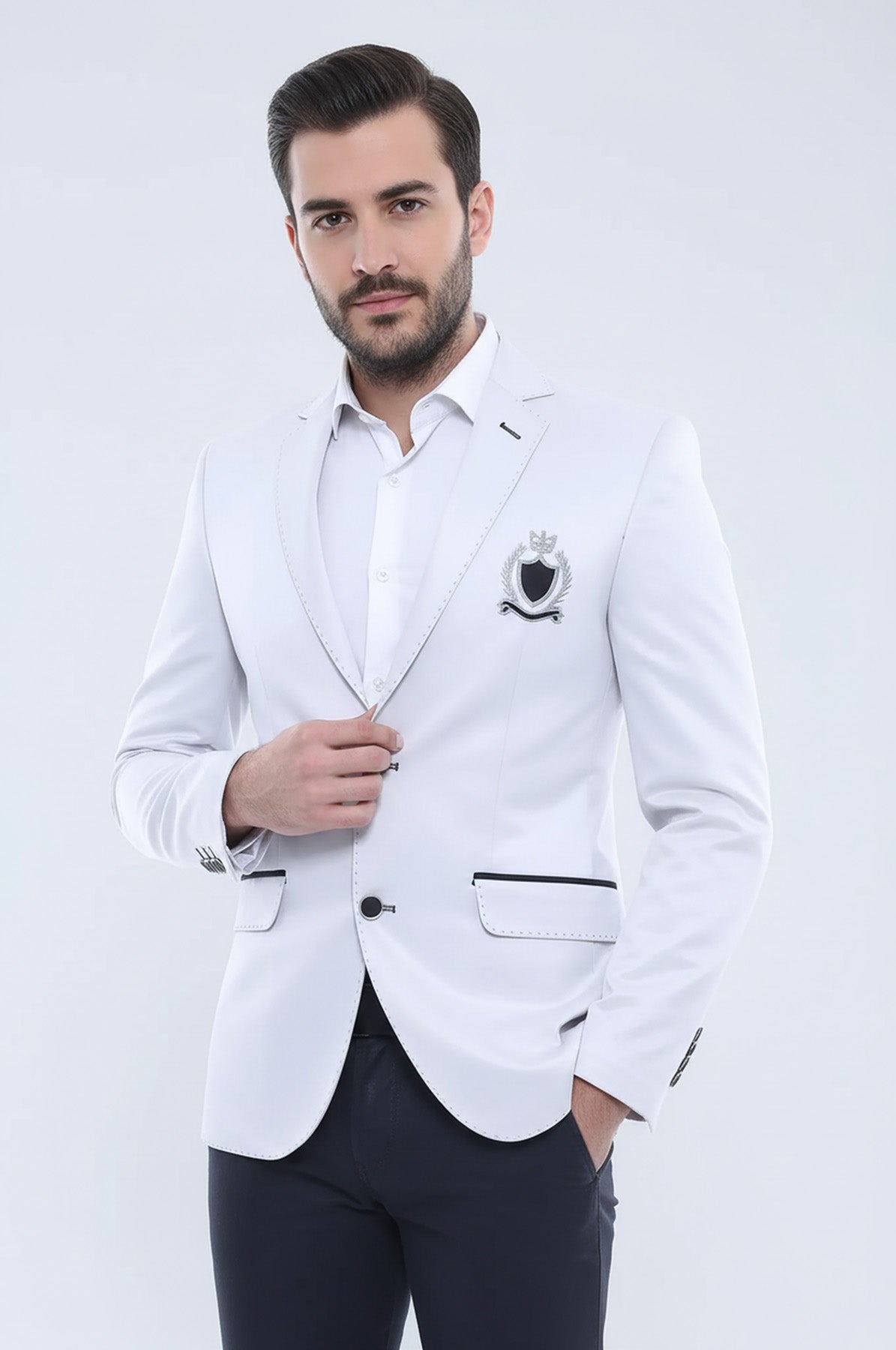 Double Button Mono Lapel Crested Cream Jacket-Wessi