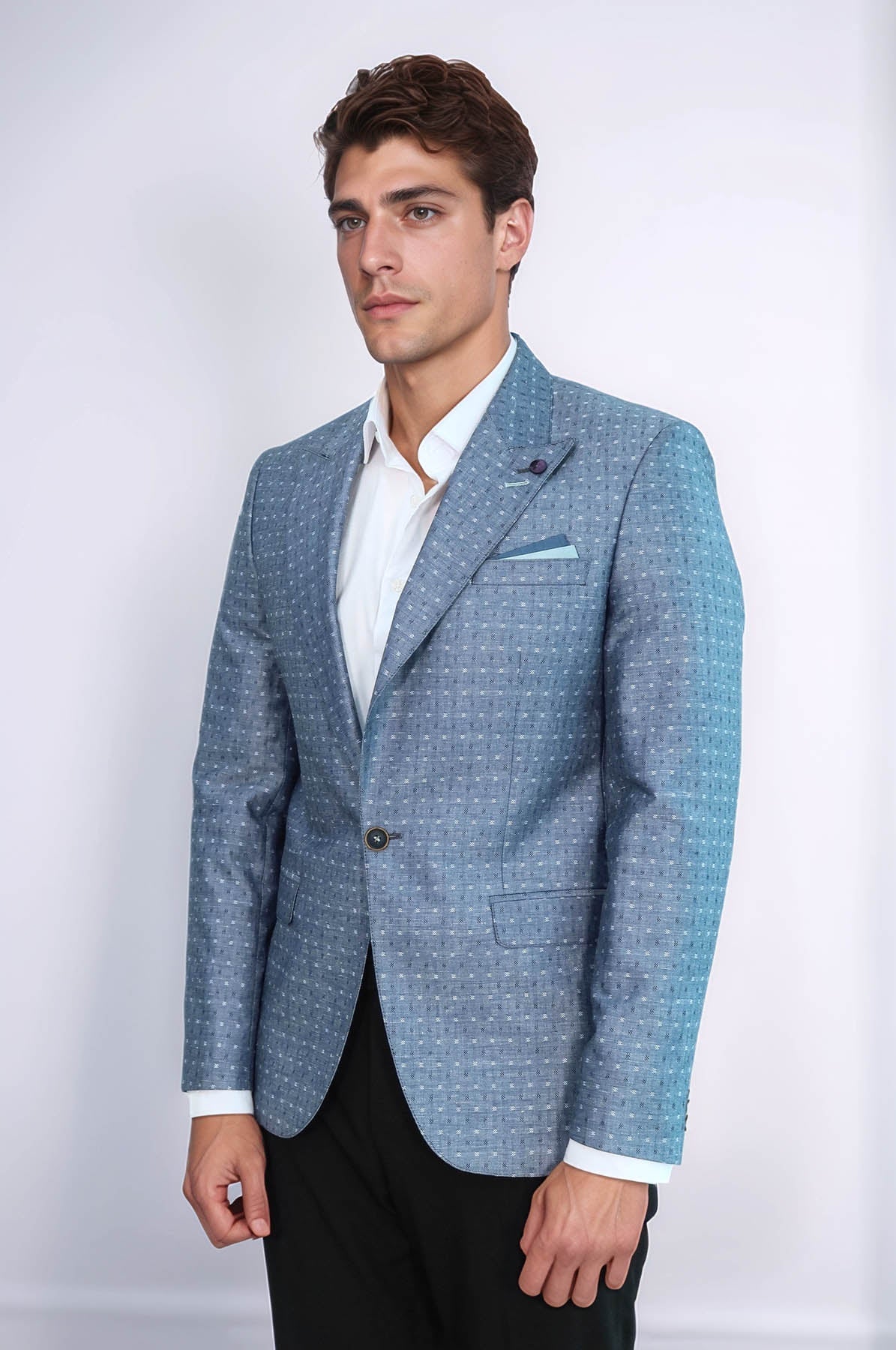 Light Blue Linen Dot Patterned Jacket | Wessi