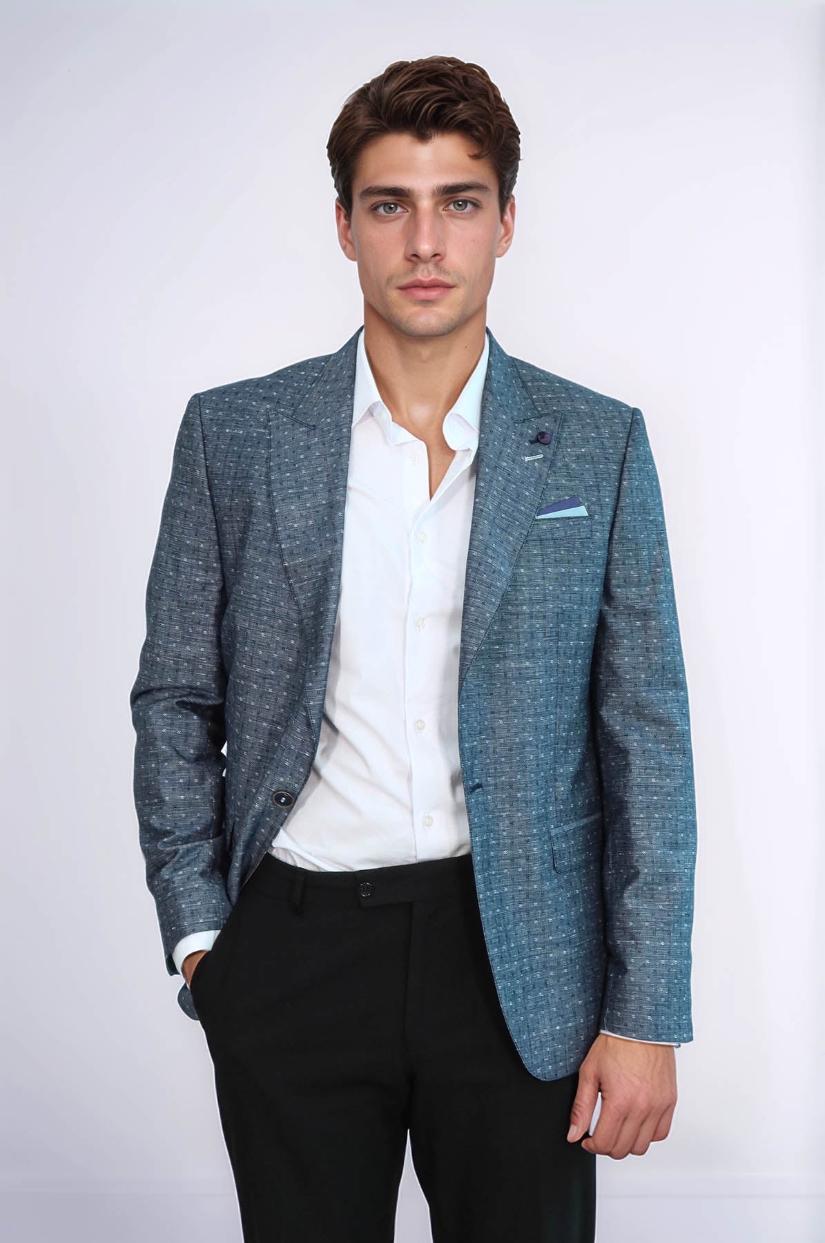 Navy Blue Linen Dot Patterned Jacket | Wessi