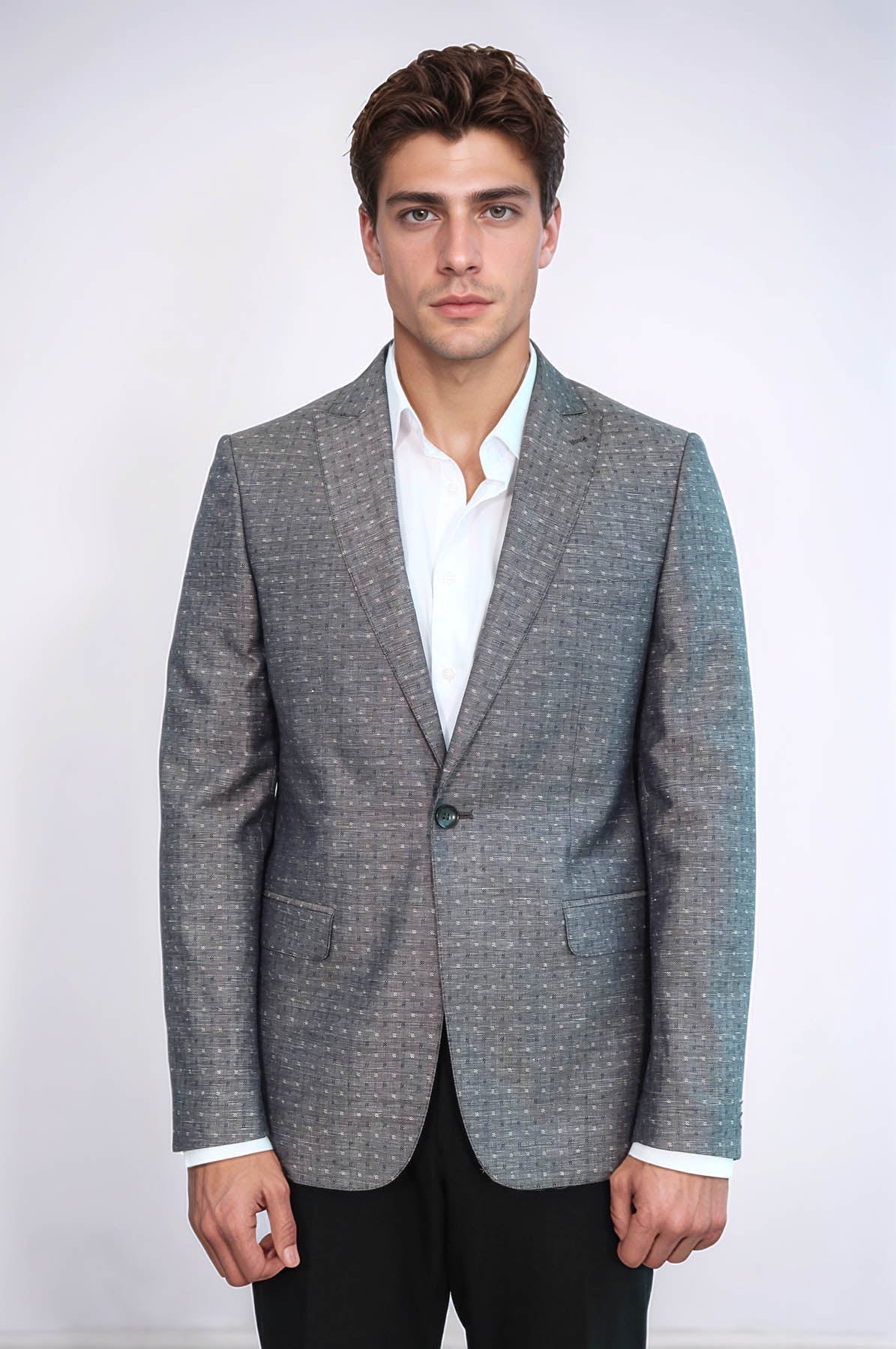 Grey Linen Dot Patterned Jacket | Wessi