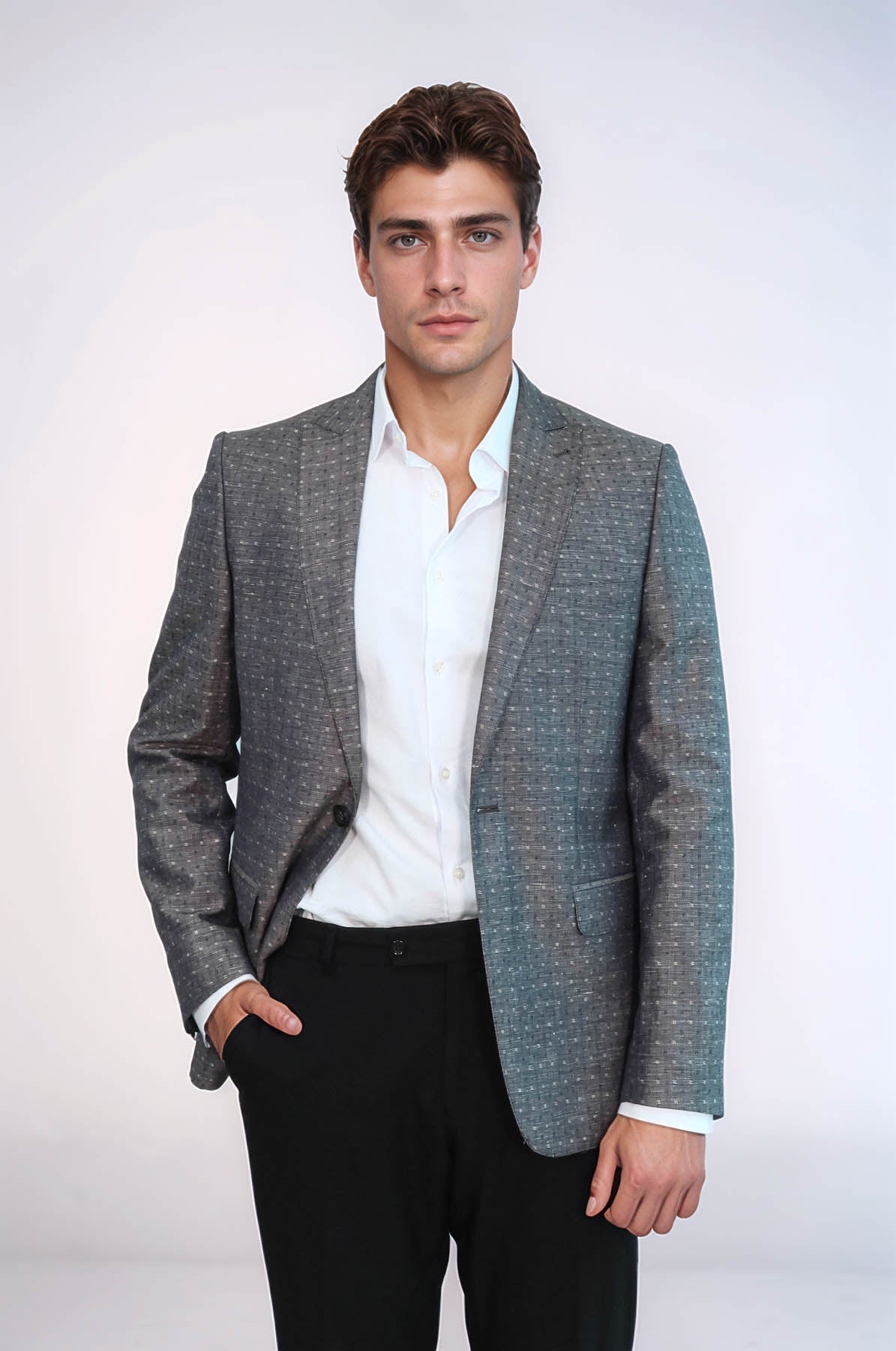 Grey Linen Dot Patterned Jacket | Wessi