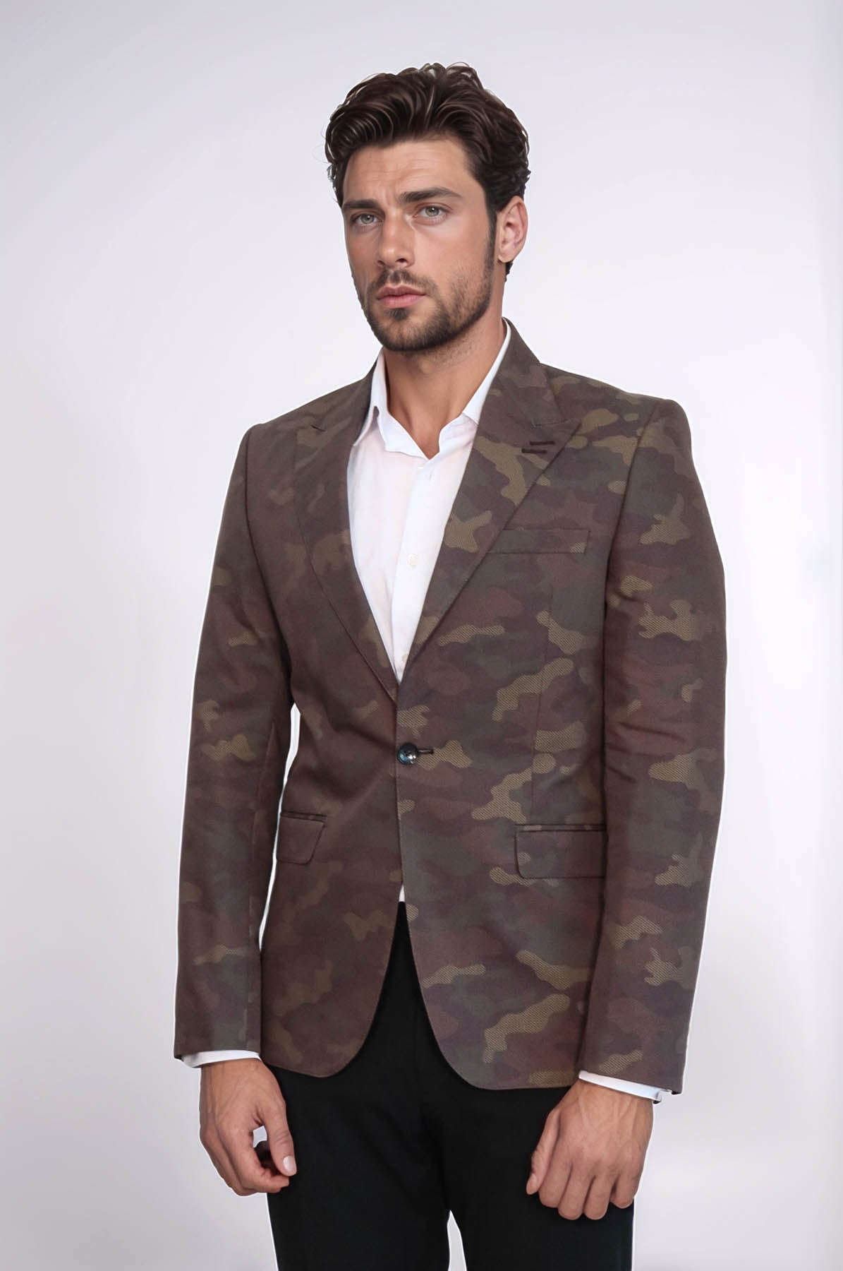 Single Button Camouflage Green Jacket-Wessi