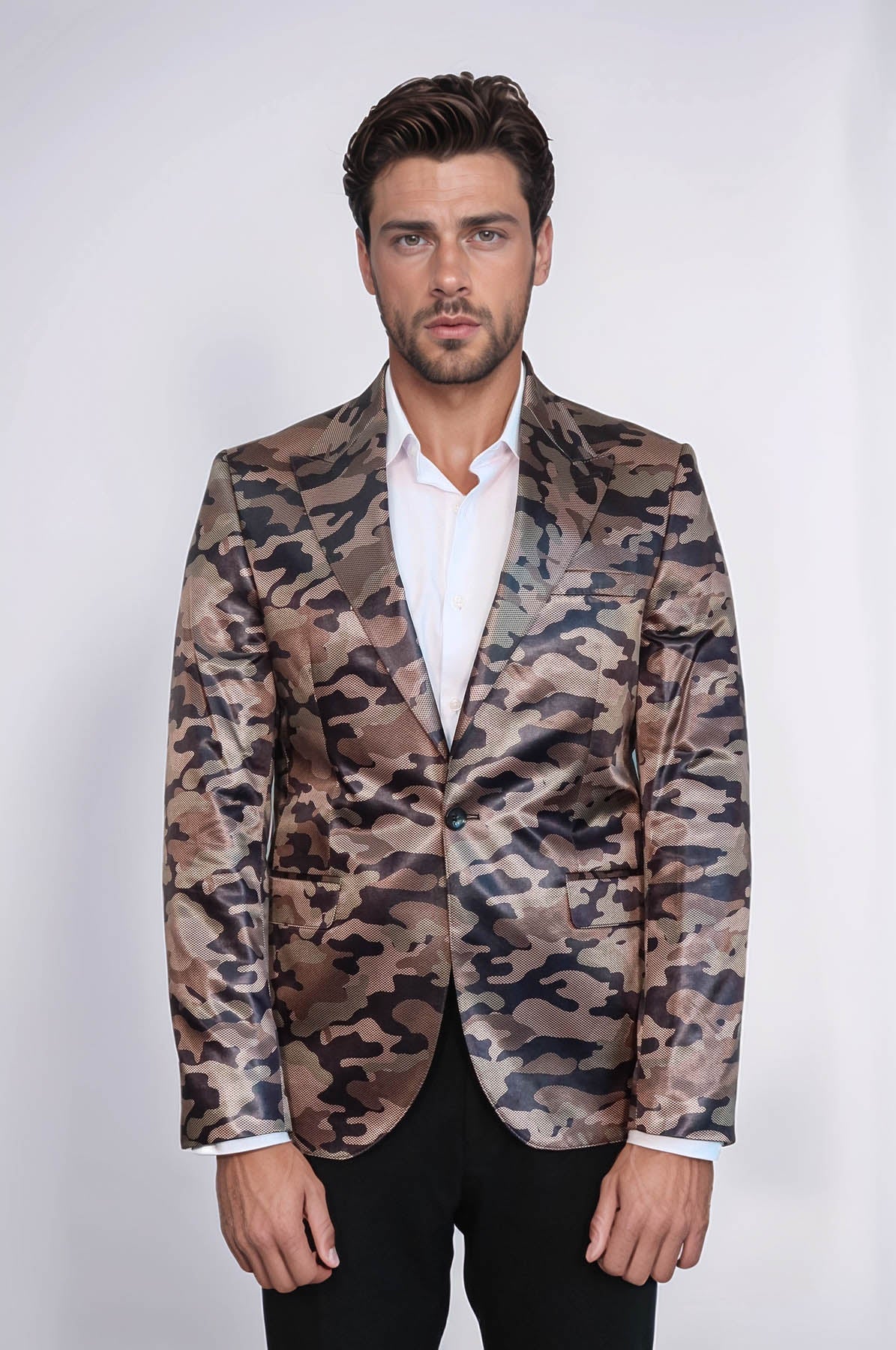 Single Button Camouflage Brown Jacket-Wessi