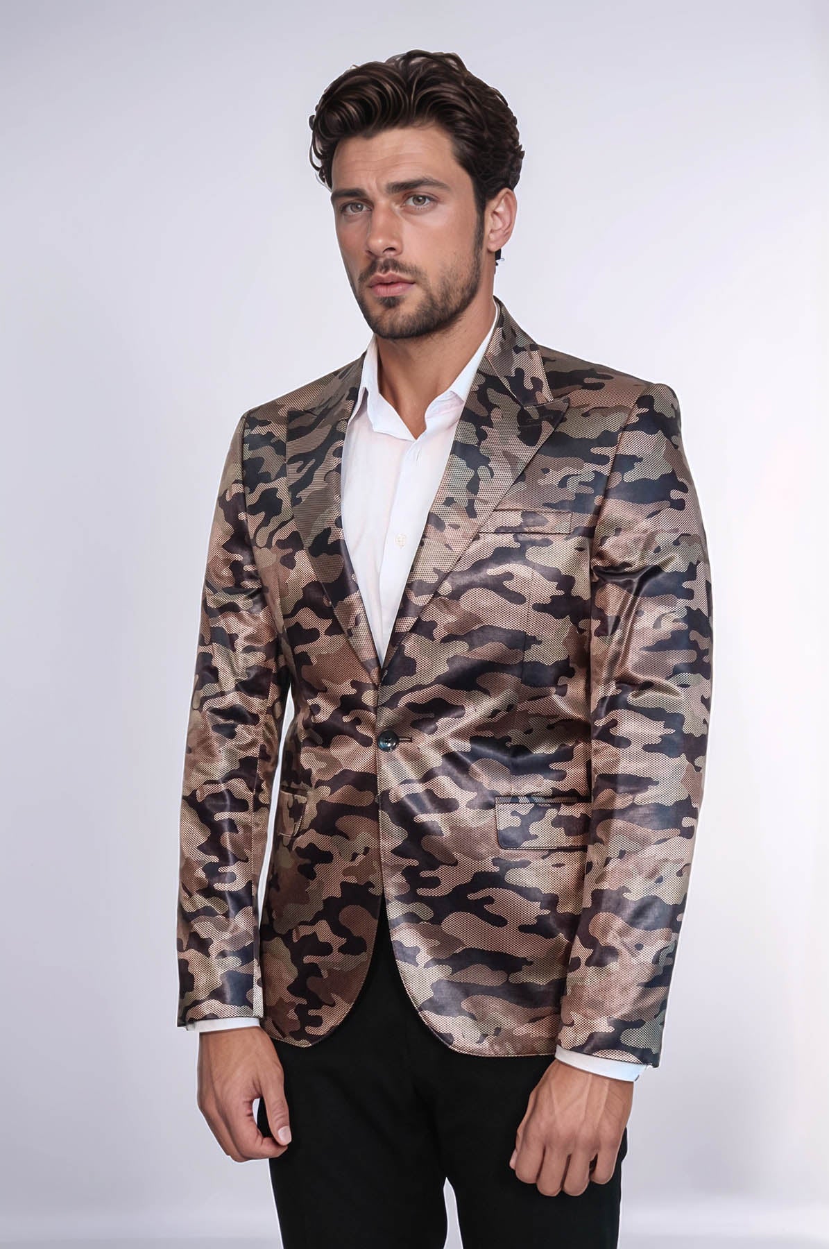 Single Button Camouflage Brown Jacket-Wessi