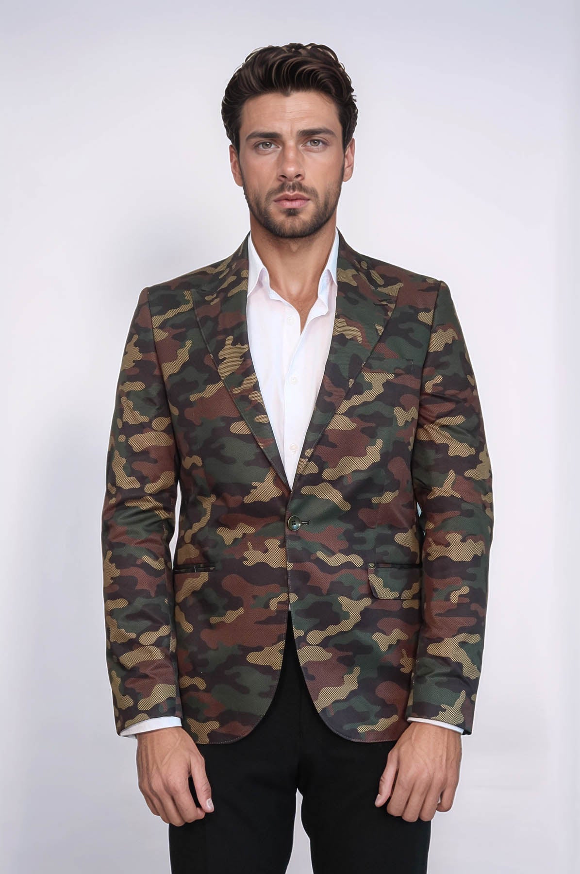 Single Button Camouflage Green Jacket-Wessi