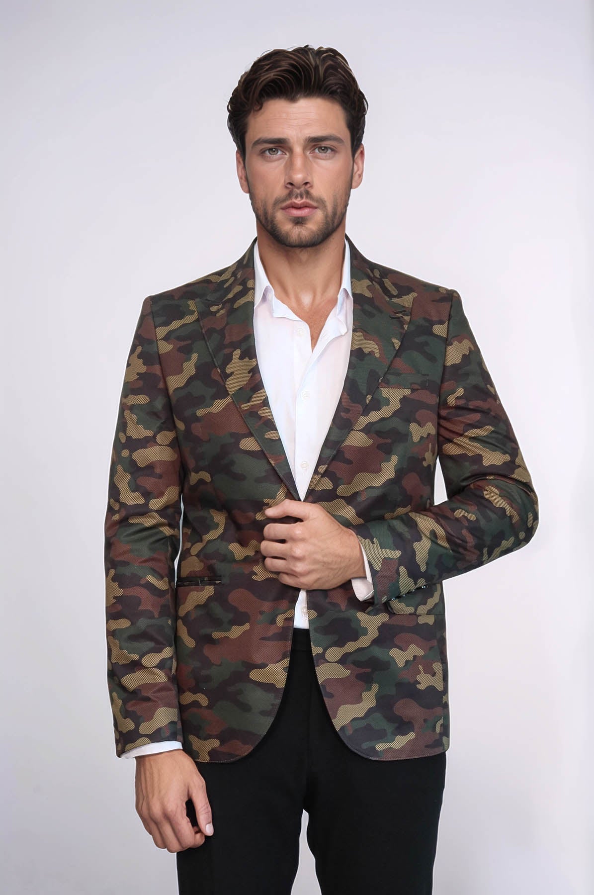 Single Button Camouflage Green Jacket-Wessi